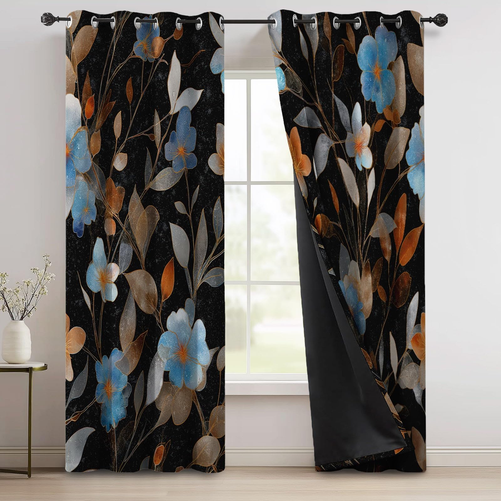 Generisch Natur Landhausstil Verdunkelungsvorhang, Aquarell Blume Blatt Bedruckter Wärmeisoliert Vorhänge mit Ösen, Schwarz Vorhang für Schlafzimmer Wohnzimmer, H140 x B90 cm x 2 Vorhänge
