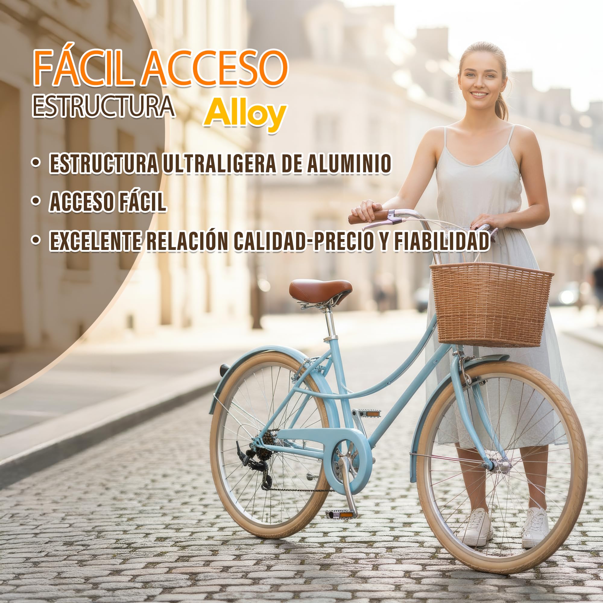 CYBIC Bicicleta de Ciudad 24/26” para Mujer, Bicicleta Urbana Retro Estilo holandés con Shimano 7V, Bicicleta Ligera de Aluminio con Cesta de ratán (Pulgadas, 26, Rosa, Pulgadas, 16)