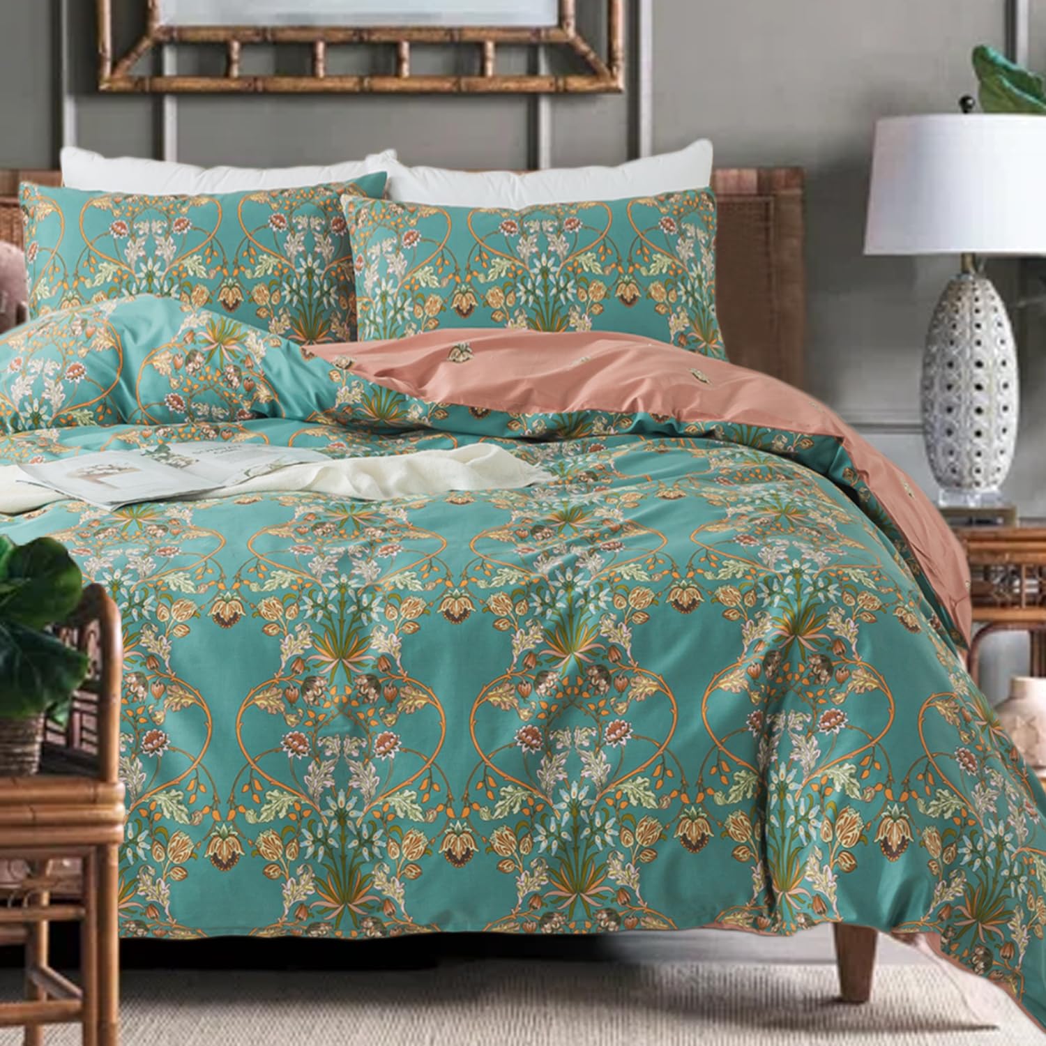 Zusbest Boho Duvet Cover Set Queen Size 100% Cotton Floral Bohemian Comforter Cover