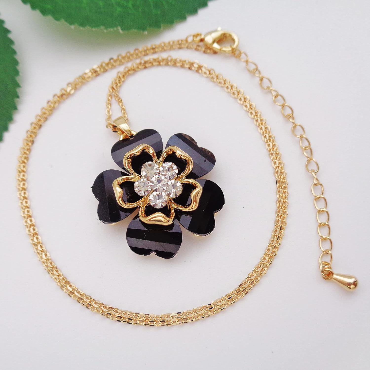 Navachi 18k Gold Plated White Crystal Multicolor Acetate Blooming Flowers Pendant Necklace 16"+2" - Image 5