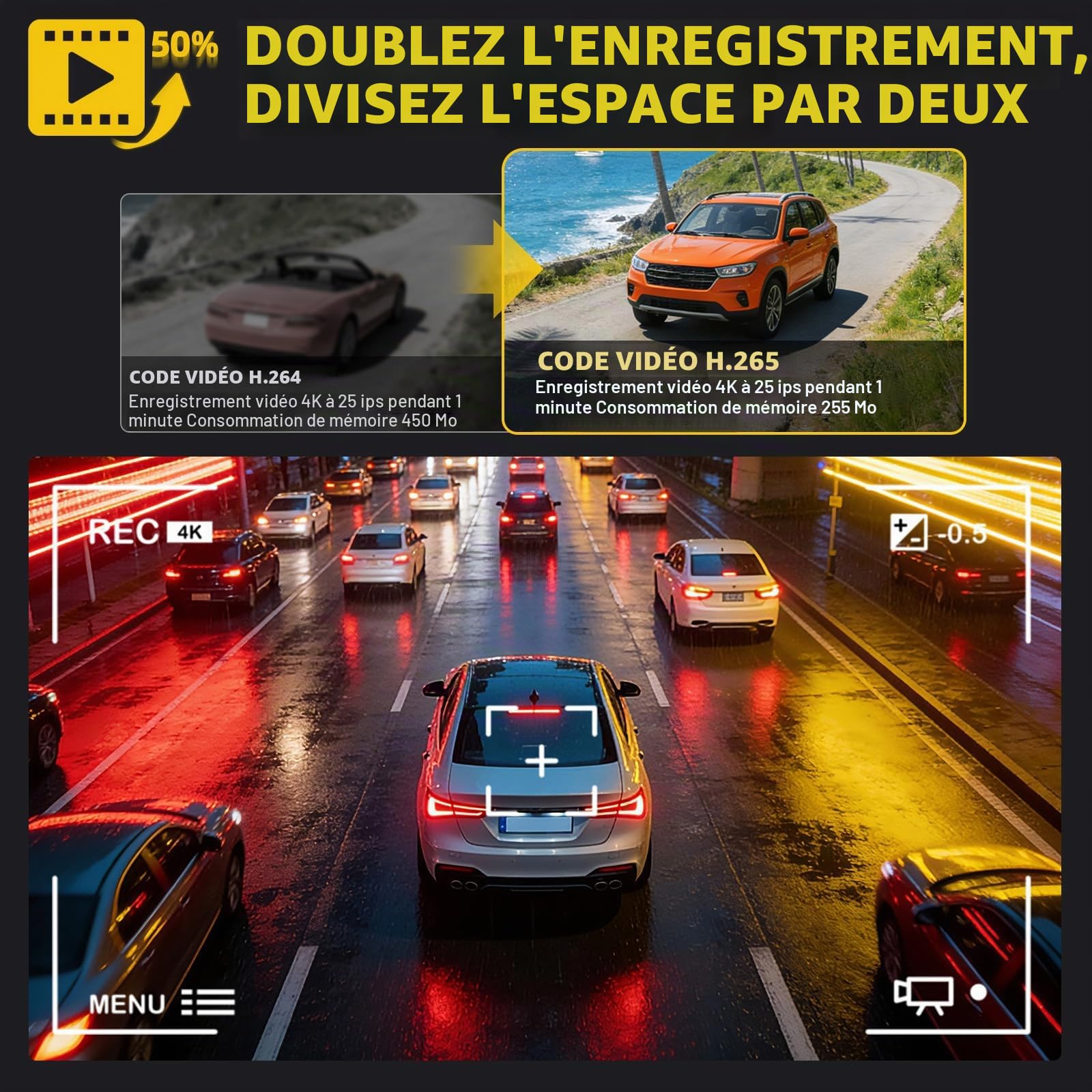 Caméra embarquée, grand angle de 170°, 4K + 2K avant et arrière à l'intérieur, carte 64 Go incluse, contrôle WiFi et application, mode stationnement 24 heures