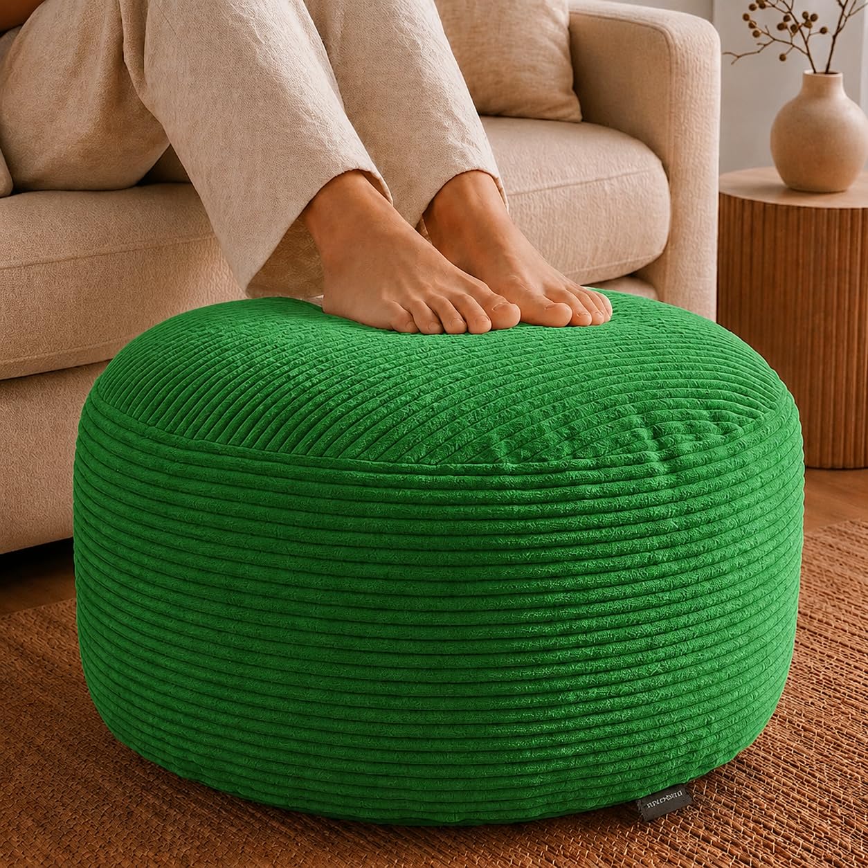 Stuffed Pouf Ottoman,Corduroy Foot Rest,Grass Green,28 Inch