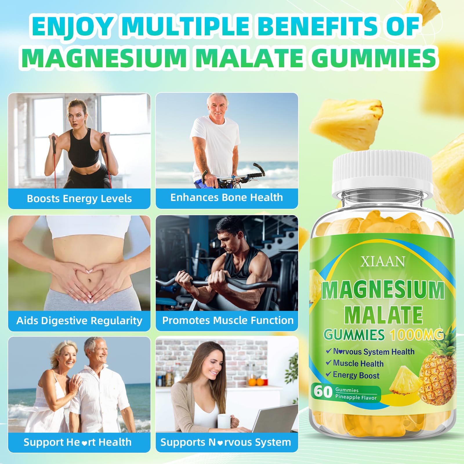 Magnesium Malate Gummies 1000mg, Chewable Magnesium Malate Supplements with CoQ10, L-Theanine & Vitamin B6 for Energy Boost & Muscle Health, Sugar-Free/Vegan, Pineapple Flavor 60 Count — Amazon image 4