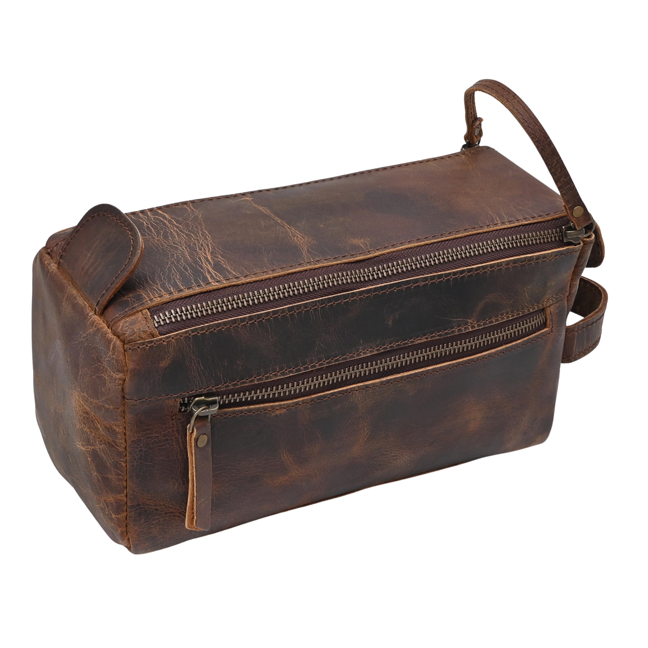 Neceser colgante de piel auténtica de búfalo con forro impermeable para hombres y mujeres, hecho a mano, vintage, de cuero marrón envejecido, kit de viaje, Interior espacioso: amplio