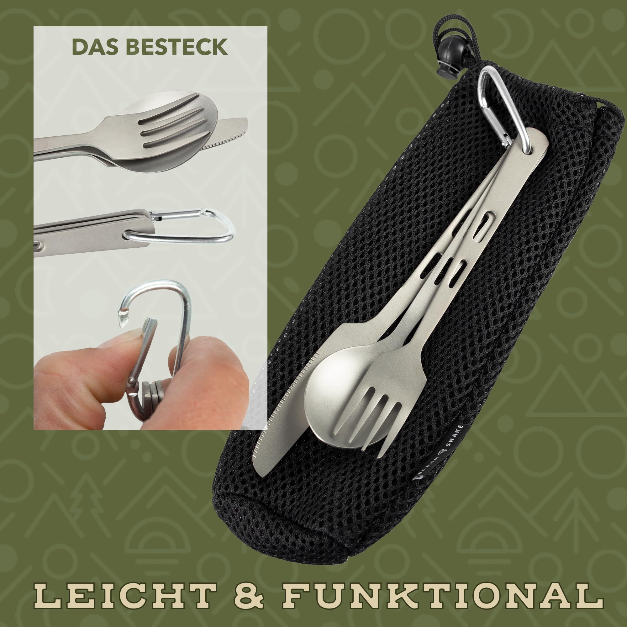 Black Snake Titan Camping Set 6-teilig - Outdoor Geschirr & Besteck mit Topf, Göffel, Messer, Gabel, Löffel - Ultraleicht, kompakt & rostfrei