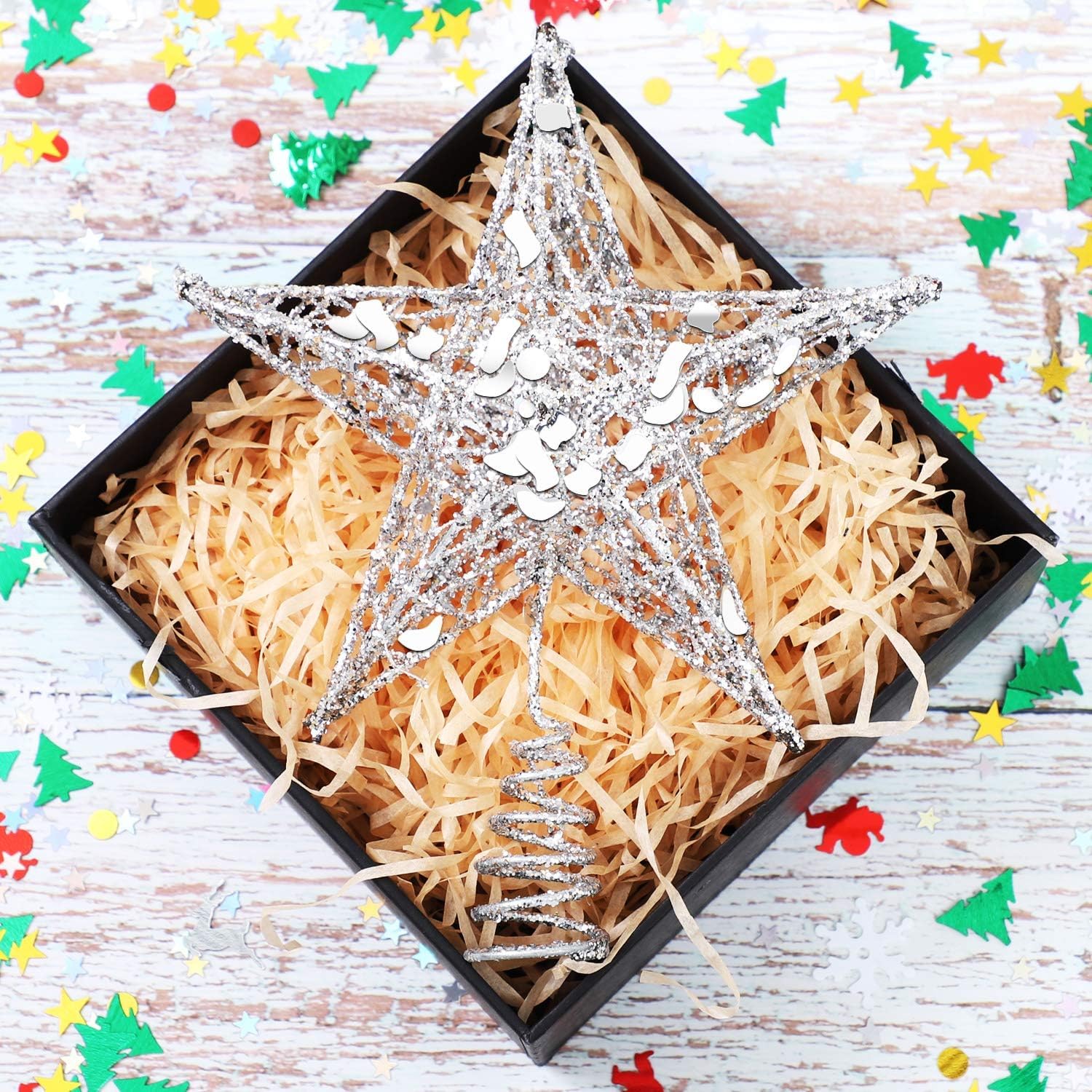 URATOT Glittered Christmas Tree Topper Metal Christmas Treetop Hallow Wire Star Topper for Christmas Home Decoration (6 inches, Silver)