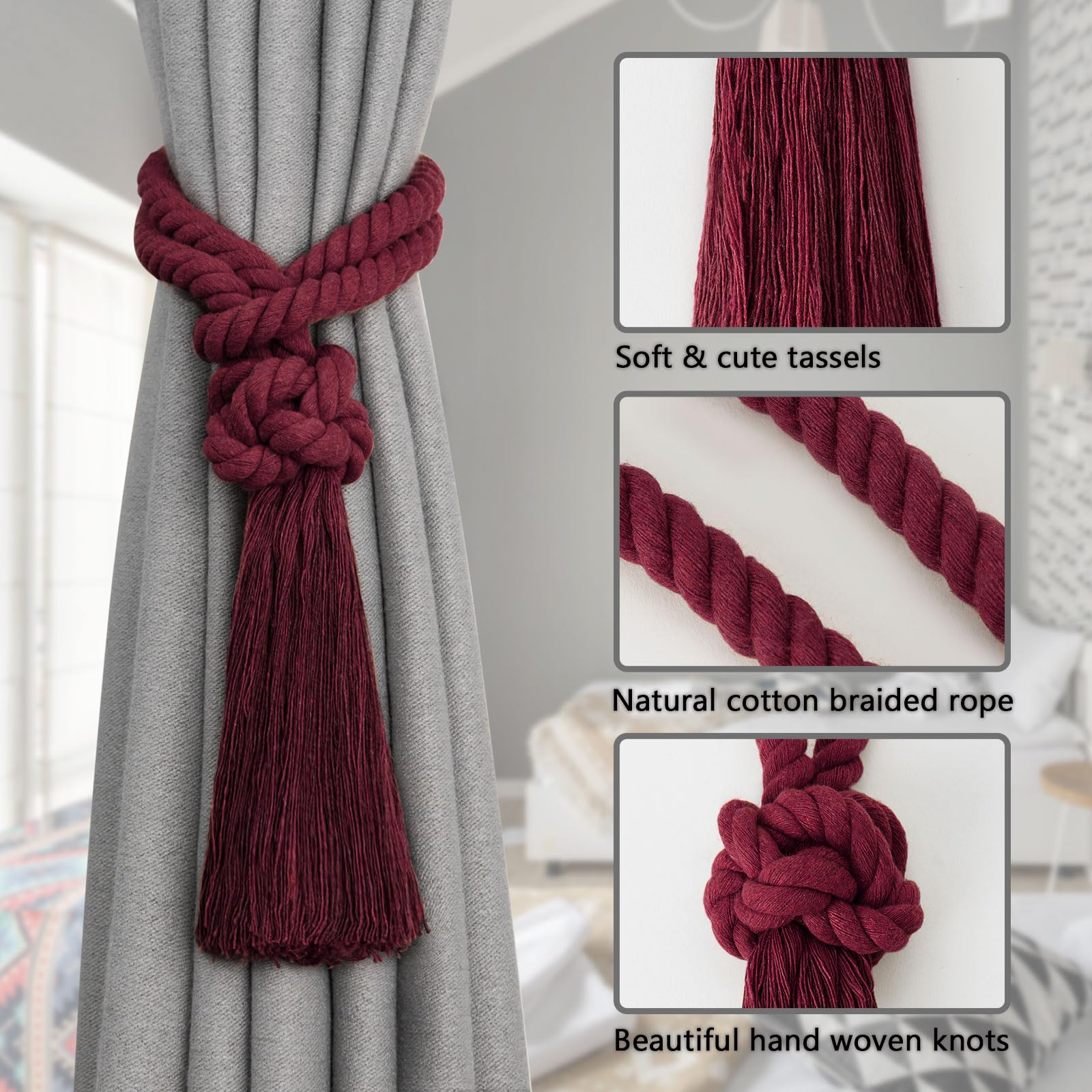Pretty Jolly 4 Pack Natural Cotton Rope Tassel Curtain Tiebacks Boho Home Decor Drape Tie Backs Hand Woven Ball Curtain Holdbacks for Thin & Thick Home & Office Window Draperies (Wine Red) - Image 3