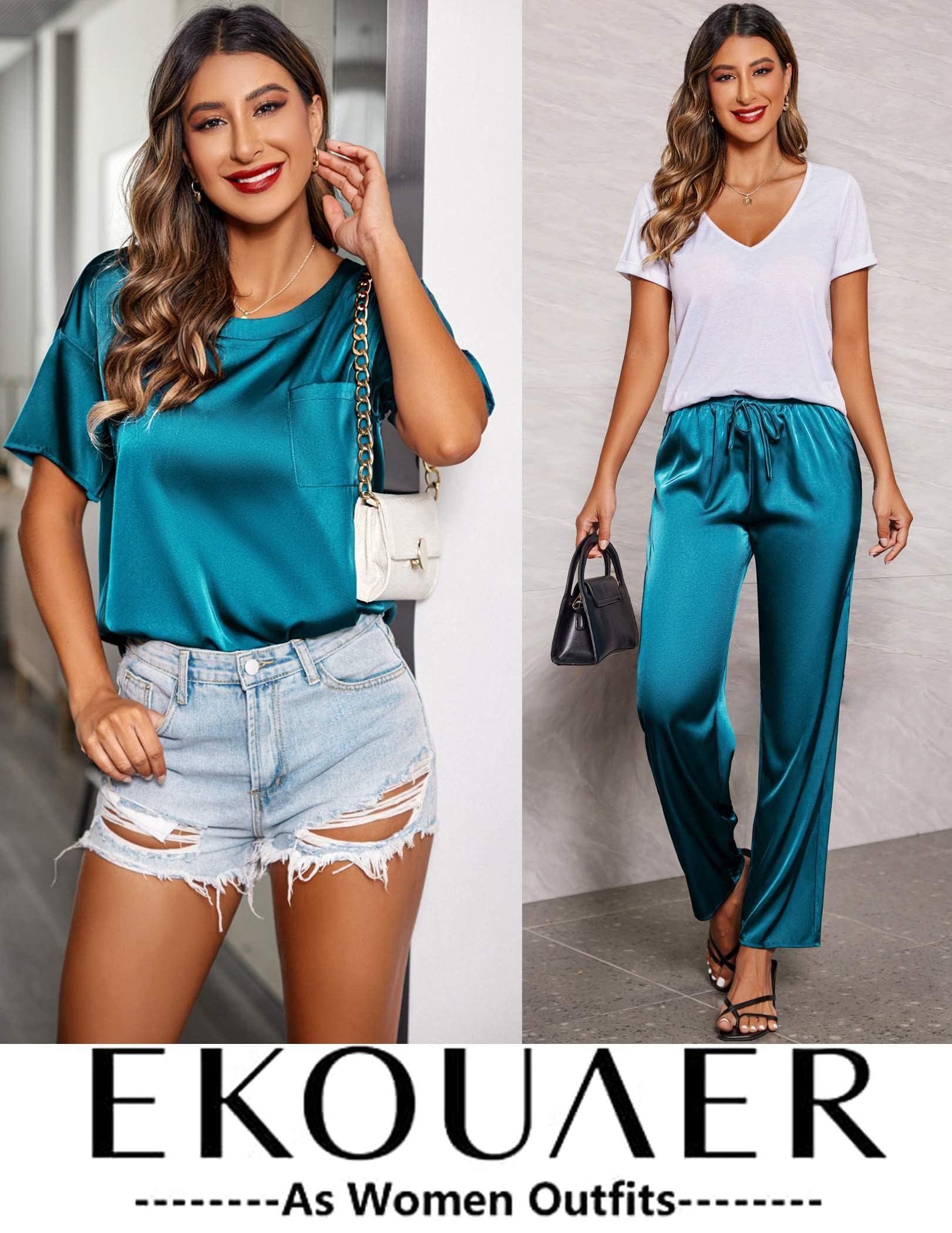 Ekouaer Pigiama Donna Estivo Pigiami Due Pezzi Pantaloni in Raso Camicia da Notte Manica Corta, S-XXL