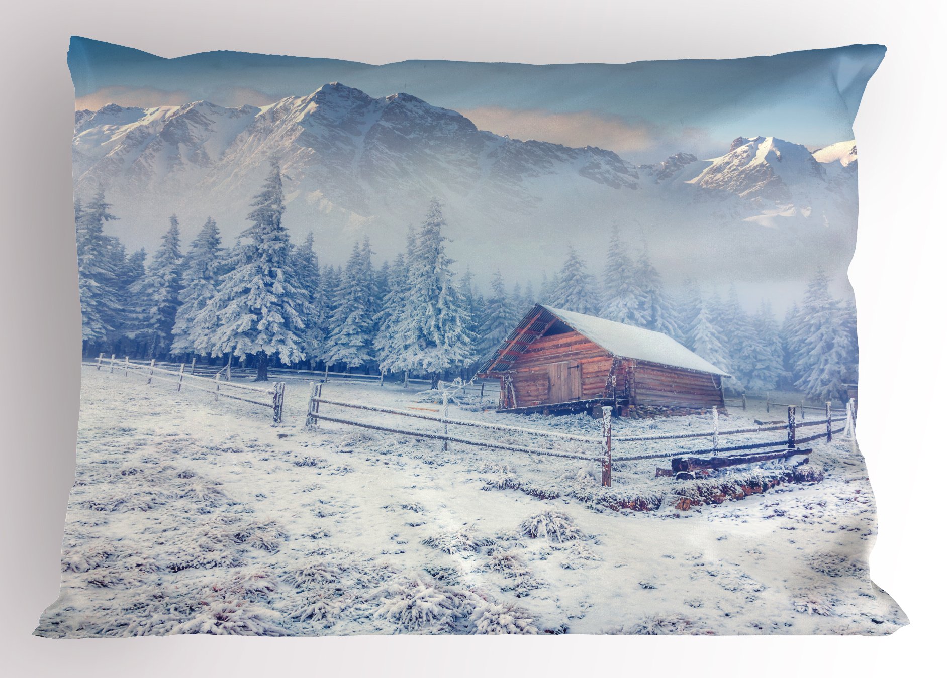 Ambesonne Winter Pillow Sham, Old Farmhouse in Snow Mountains and Frosted Forest Rustic Life Photography, Decorative Standard Size Printed Pillowcase, 26