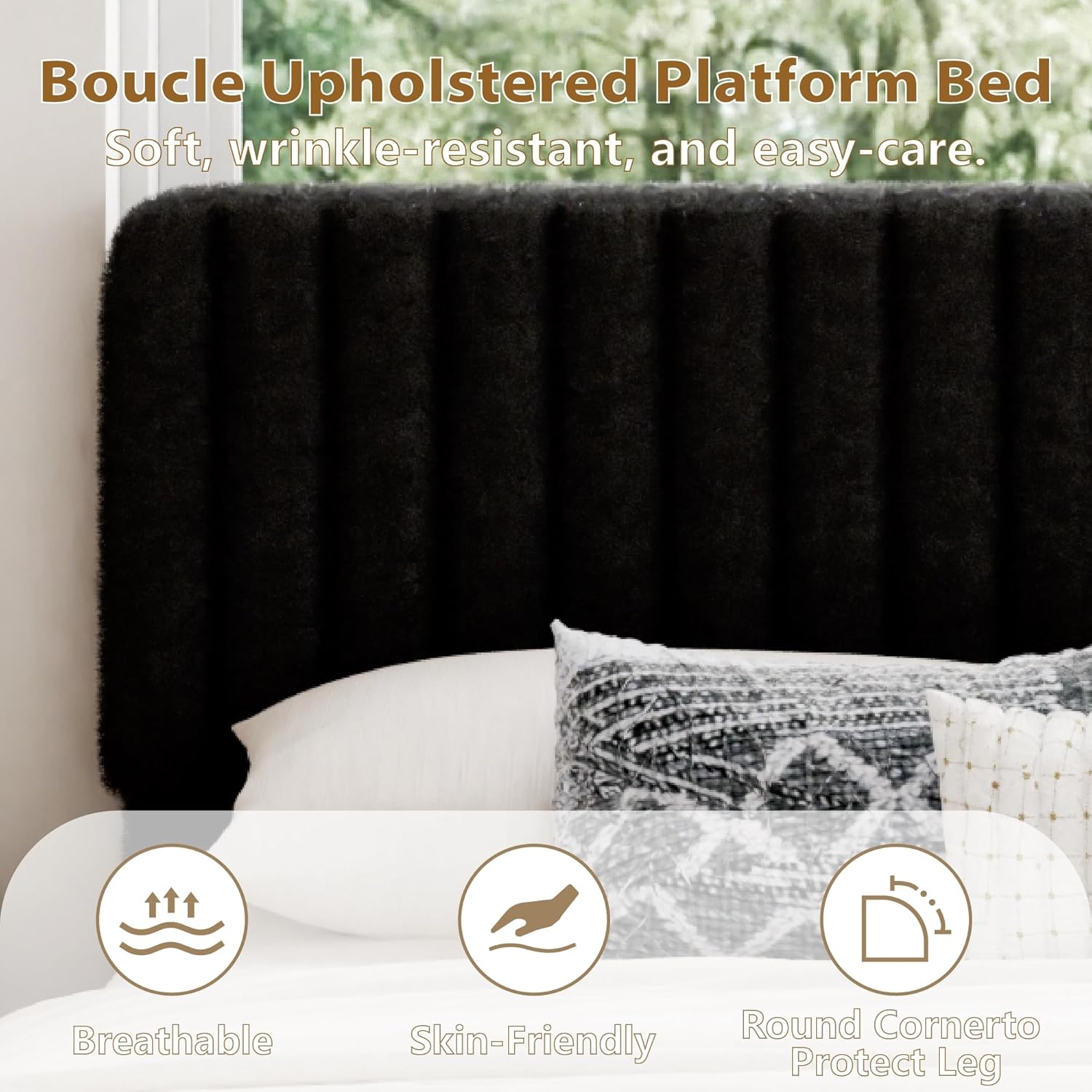 King Size Cloud Bed Frame, Upholstered Boucle Platform Bed Frame with Adjustable Headboard, Vertical Tufted, Soft Rounded Corners, No Box Spring Needed, Noise Free Design, Easy Assembly, Black