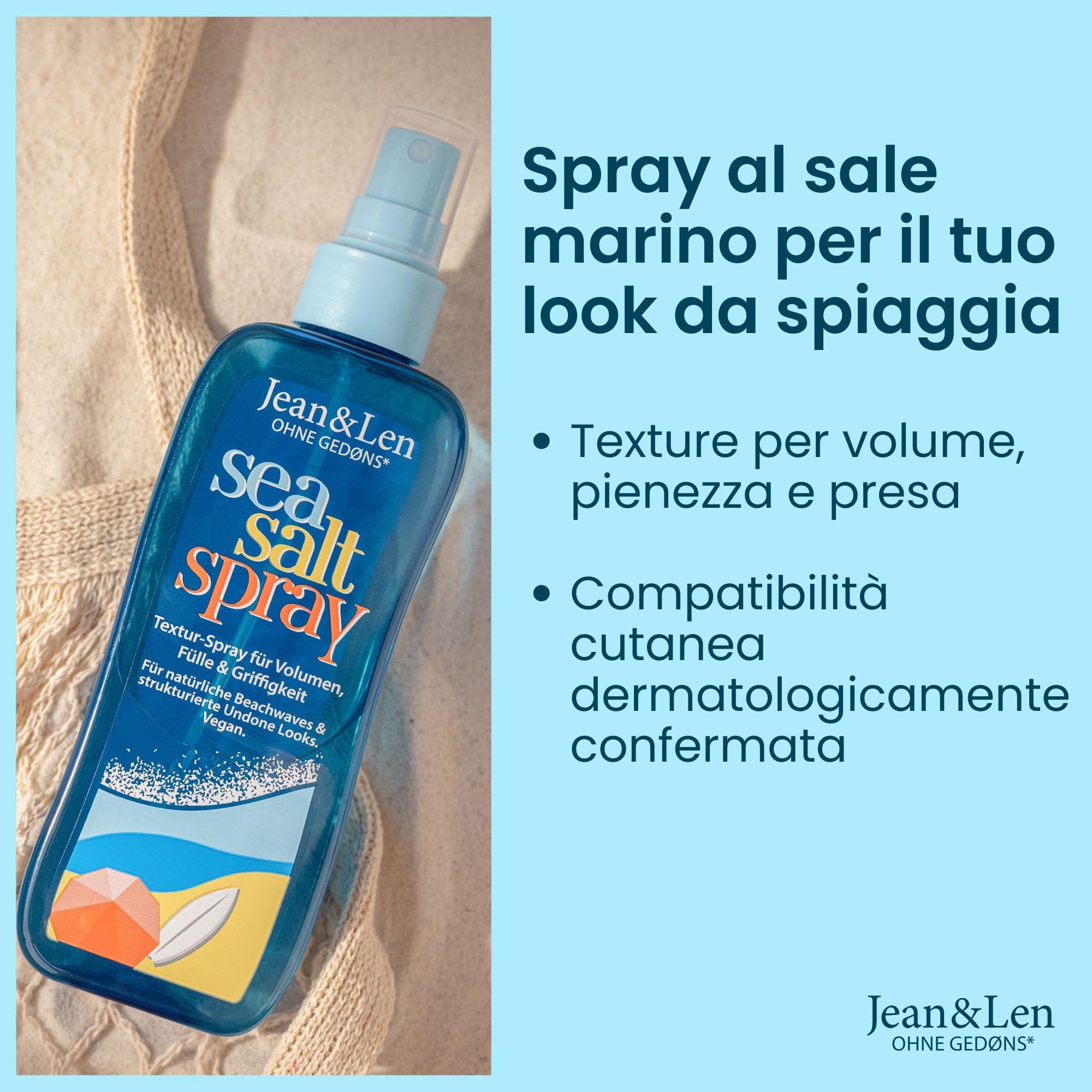 Jean & Len Sea Salt Spray per volume, corpo e tenuta, con sale marino ed estratto di alghe, per beachwaves e look undone, senza siliconi e parabeni, vegano, 200 ml