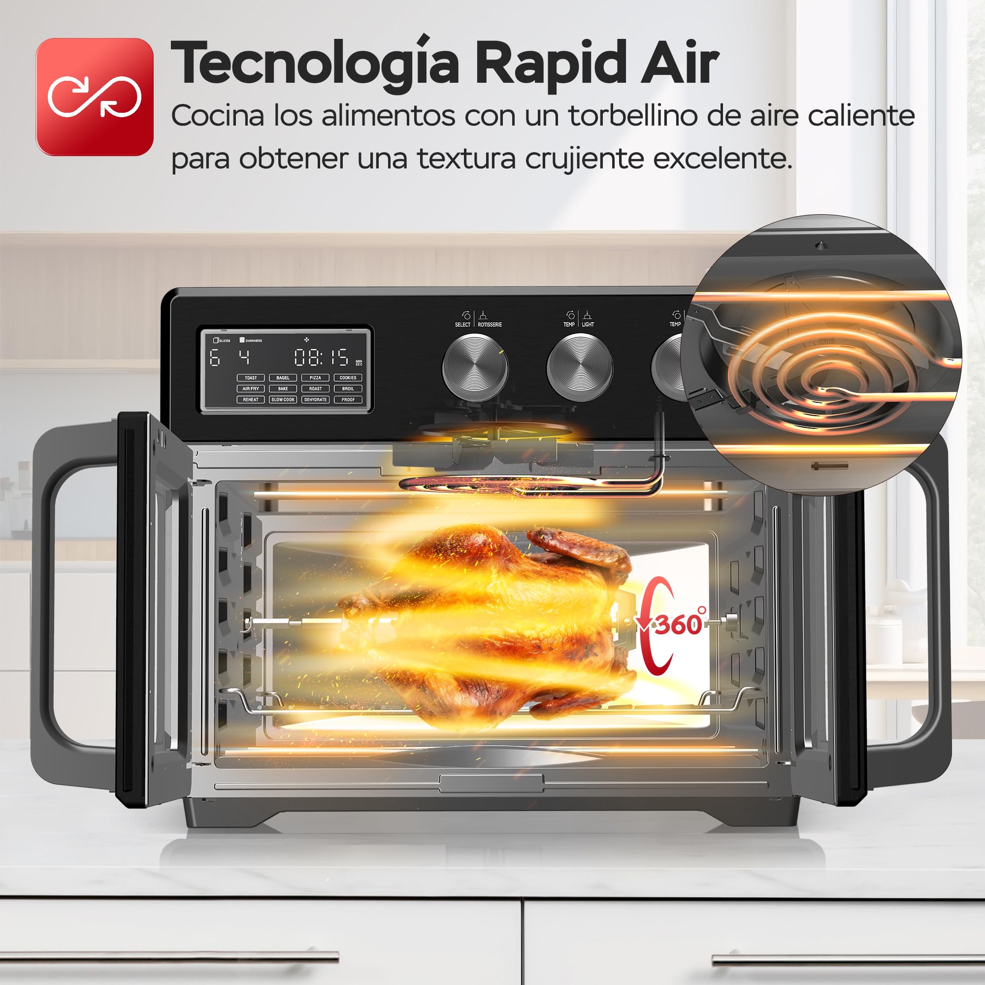 TurboTronic Mini Backofen - 4in1 Heißluftofen und Heißluftfritteuse XXL Version 32L inkl. Drehspieß & viel Zubehör, Dörrgerät ab 25°C & Grill, Airfryer, kleine Mini Tisch Back Pizzaofen (schwarz)