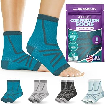 BraceAbility Athletic Ankle Compression Socks for Men or Women - Toeless Running Ankle Brace Support Sleeves for Sports, Workout, Plantar Fasciitis, Achilles Tendonitis, Foot Pain Relief M - Teal