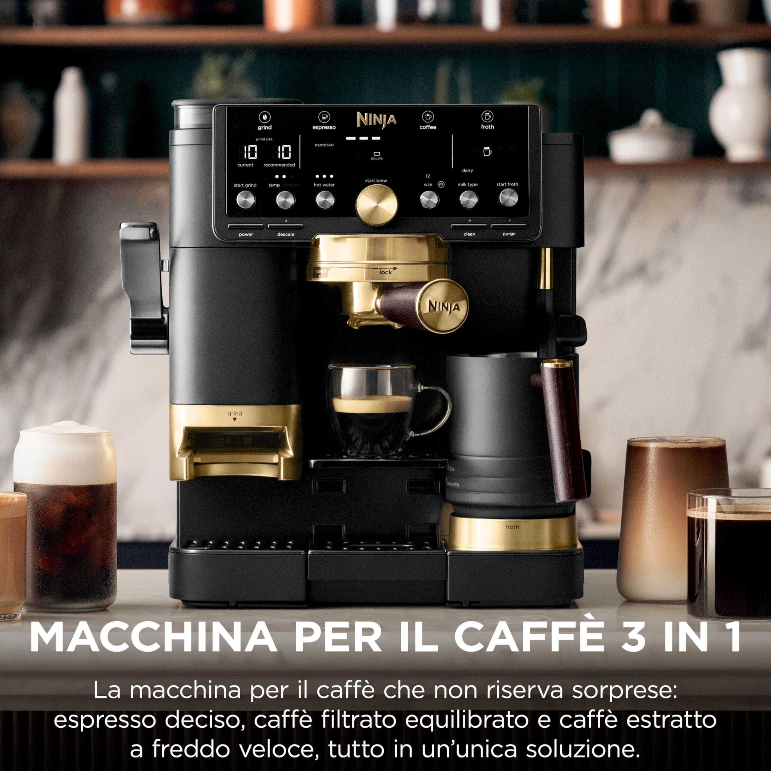 Ninja Luxe Pro Macchina Caffè, Macchina Latte, Cappuccino, Caffè Freddo, Espresso con Macinacaffè Integrato, Montalatte, Facile da usare, 5 Programmi Automatici Schiuma, ES771EUBK