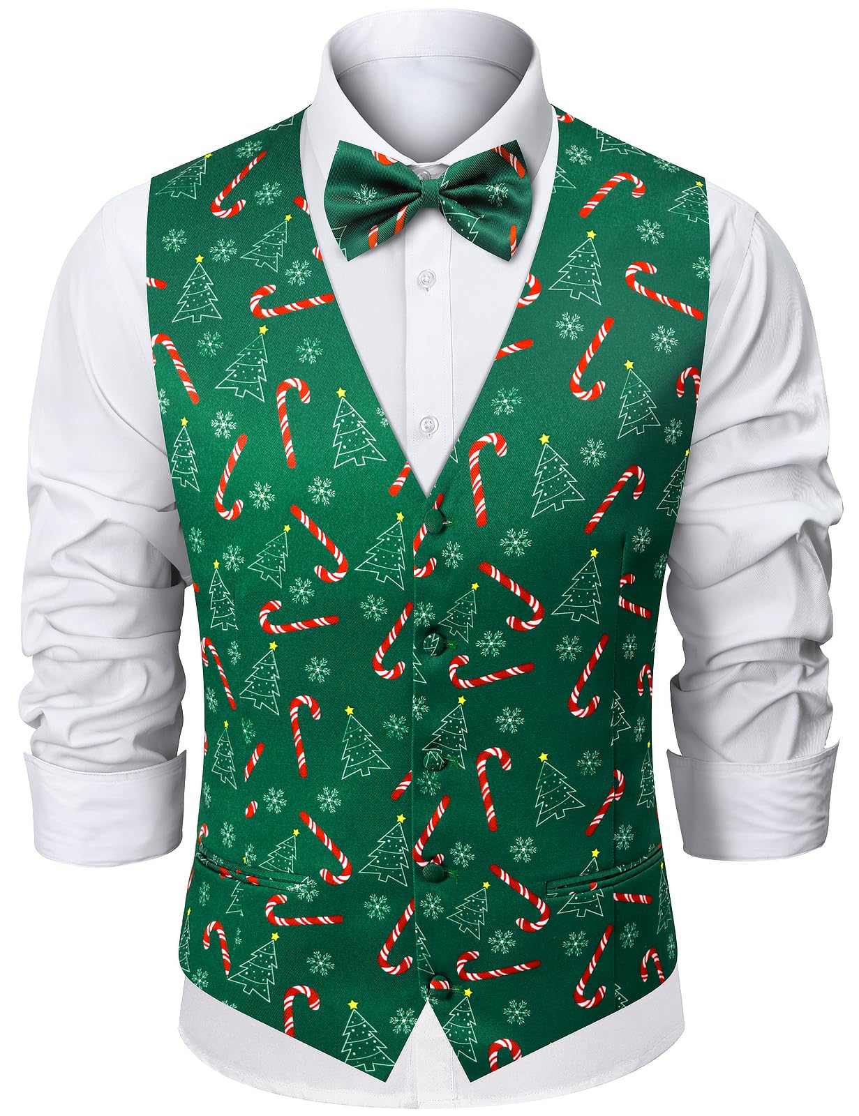 Fashonal 2-Piece Halloween Suit Vest for Men Christmas Vest, Party Waistcoat Vest & Bow Tie,S-3XL, Candy Cane, 3XL