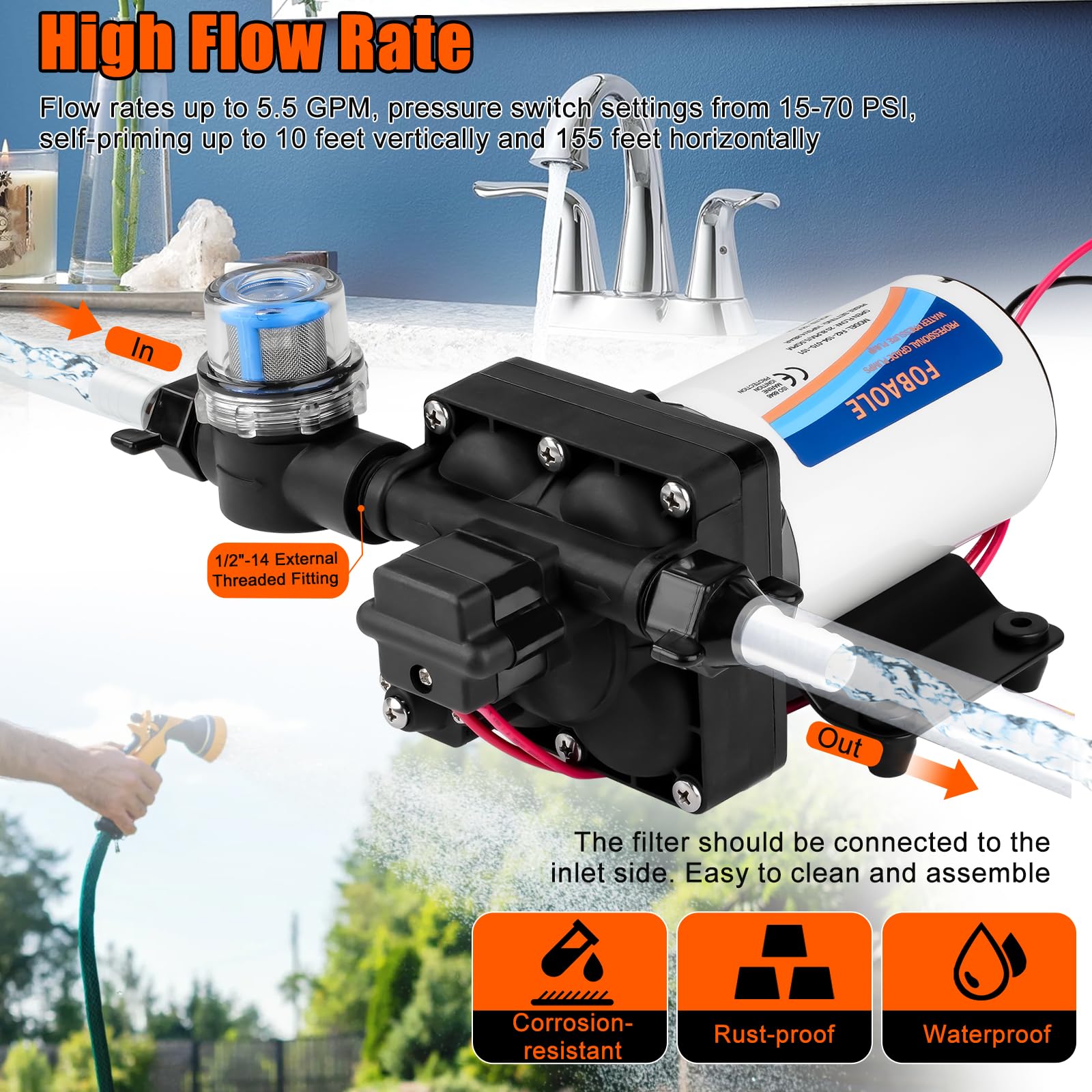Autocebante de Diafragma, 12V Bomba de Agua y Bombas de Diafragma Neumática, DC 70PSI 5.5GPM Bomba Industrial Autocebante de Presión de Agua, Bombas de Agua para Vehículos RV y Autocaravana