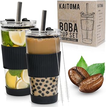 2-Pack 560ml Reusable Glass Bubble Tea Cups/Boba Cup | Leakproof Tumblers with Straws & Lids | Iced Coffee Cups | Travel Cup for Smoothies, Slushies & More + 12mm Boba Straws Charcoal Black