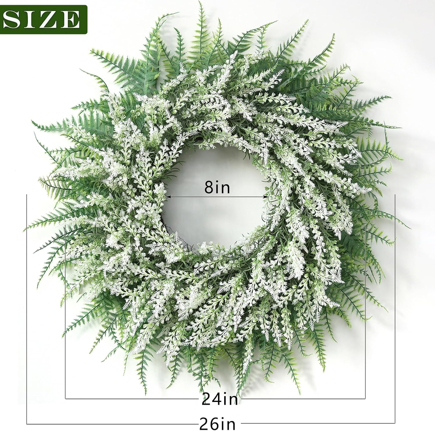 26'' Lavender and Boston Ferns Wreath for Front Door - Large Artificial Greenery Outdoor Wreath for Porch,Window,Farmhouse,Home,Hanging Decor- Spring, Summer, All Seasons (White-Green)