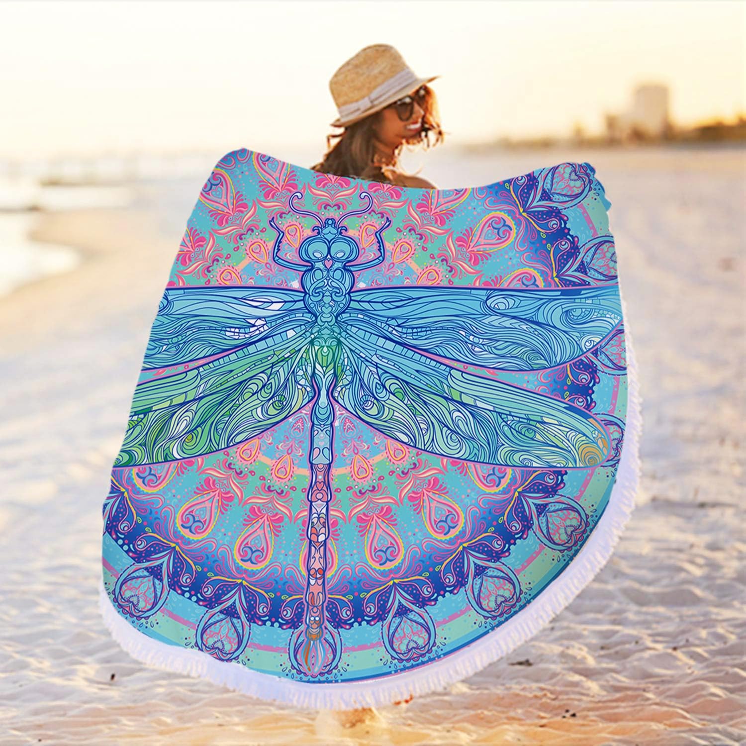 Serviette De Plage Ronde IcosaMro Microfibre Effet Marbre - Diamètre 140cm, Légère, Super Absorbante