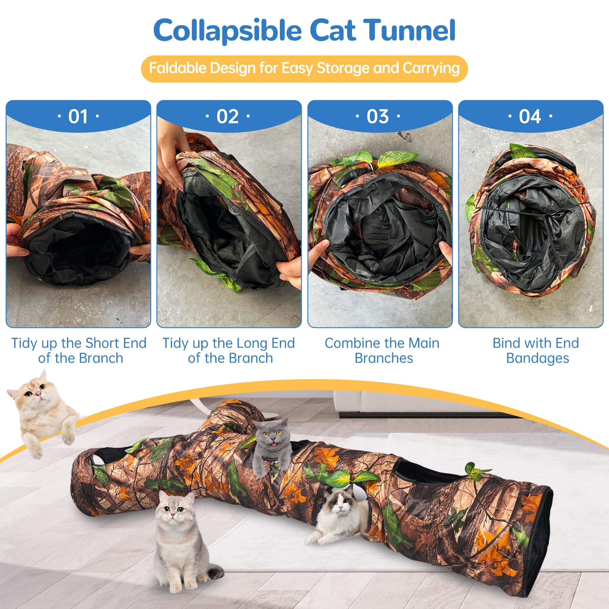 Túnel para gatos de interior grande, juguete de cama para gatos con tres canales y hojas, cueva para gatos en forma de Y, plegable, fácil de almacenar, adecuado para gatos y otras mascotas