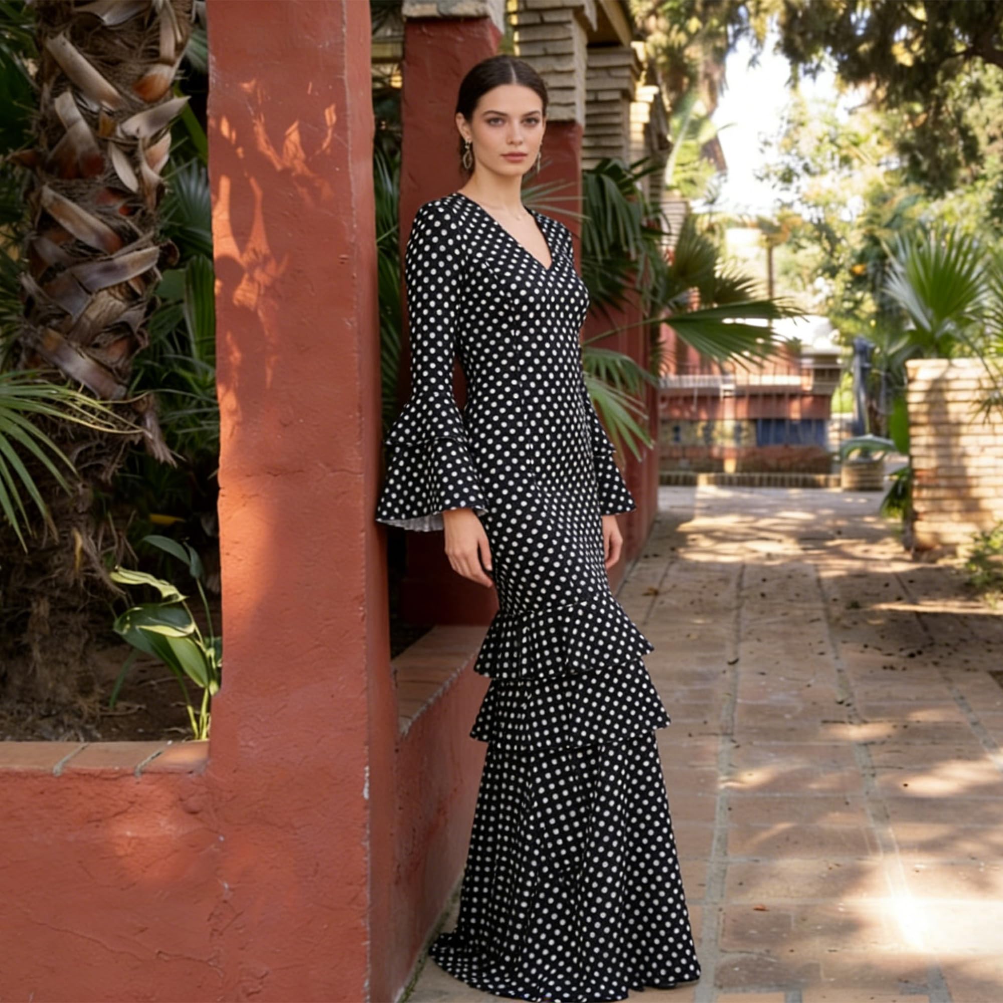 Vestido Flamenco Mujer Largo - Sevillana Adulto con Lunares y Mangas Acampanadas - Traje Andaluz Elegante para Feria y Baile