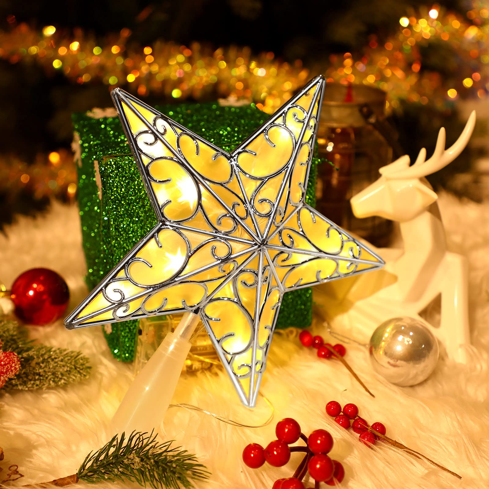 Étoile à paillettes pour sapin de Noël avec 10 lumières LED et réflecteur en forme d'étoile pour sapin de Noël Argenté
