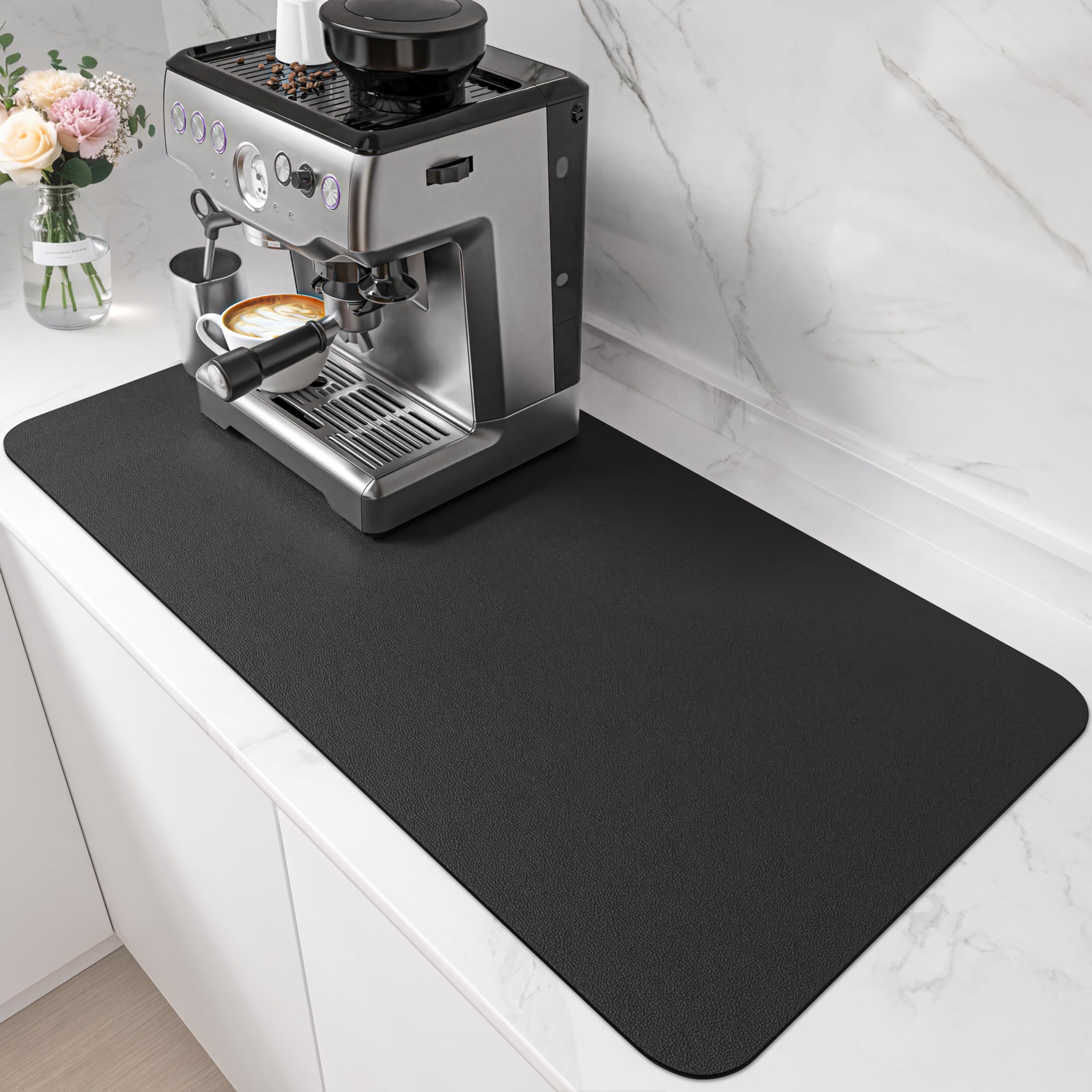 PoYang Coffee Mat, Coffee Bar Accessories for Countertop, Absorbent Drying Mat, Non-Slip Hidden Stain Pad for Espresso Machine, Espresso Maker, Kitchen Counter, 80 x 43.2 cm, XL, Black