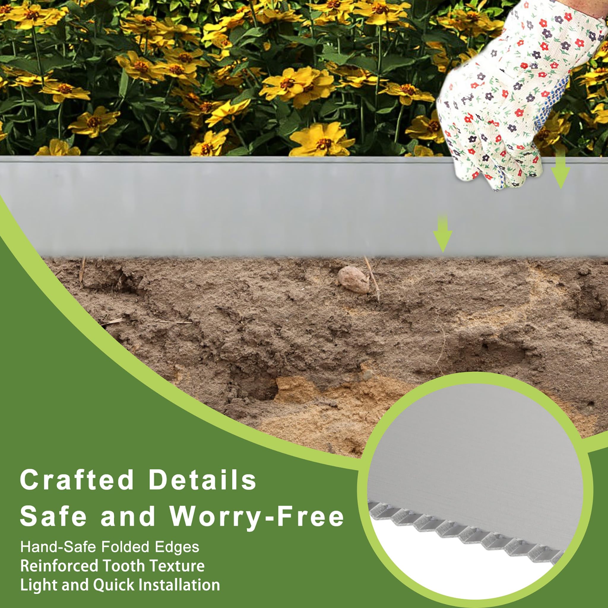 ACXIN Metall Rasenkante 15 cm hoch, verzinkte Oberfläche, Vielseitige Beeteinfassung für Rindenmulch, als Mähkante oder Baumring, Robust, Flexibel und Schnell zu Installieren(Silber, 20M)