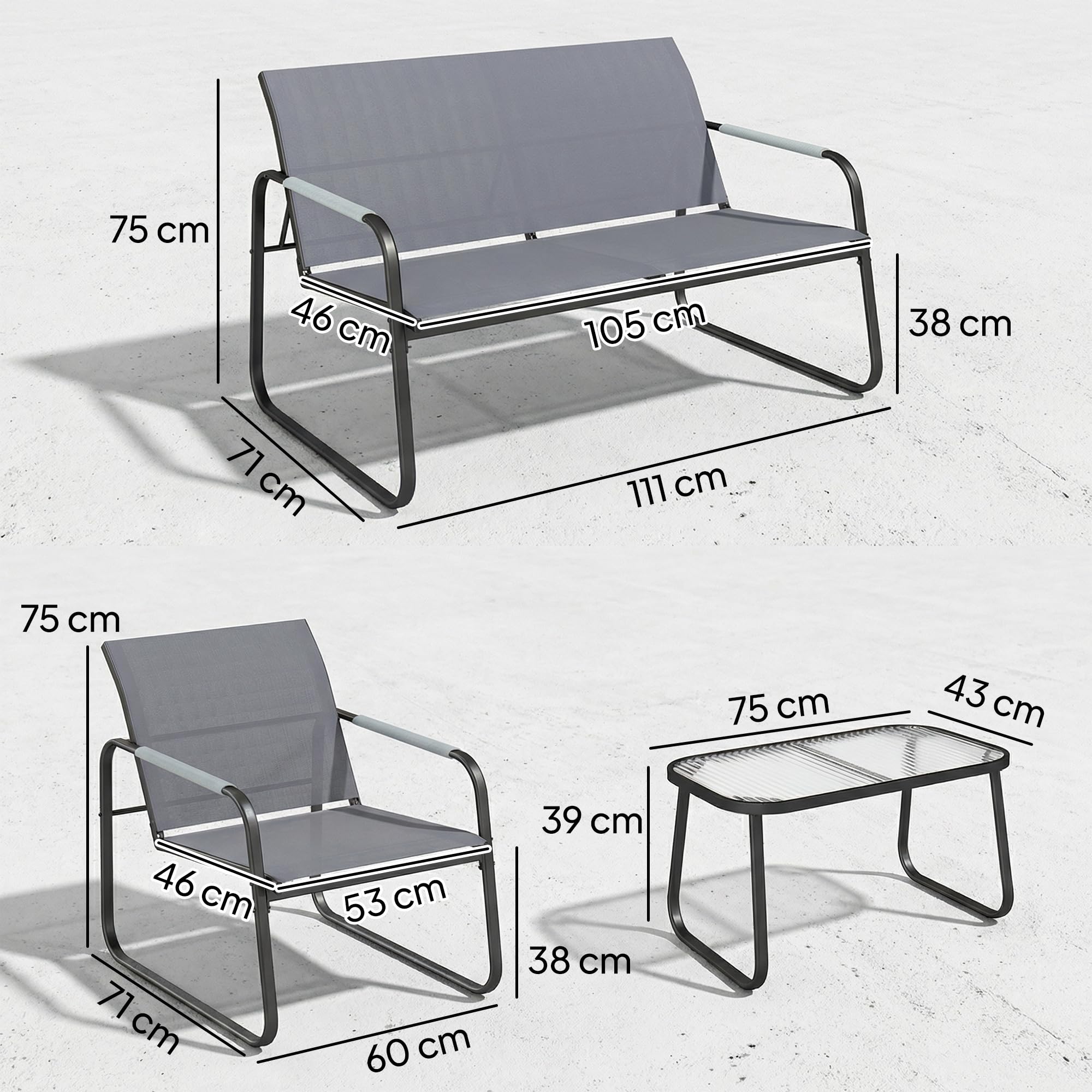 Outsunny Conjunto de Jardín Exterior de 4 Piezas, Muebles Jardín Exterior con 1 Sofá de 2 Plazas, 2 Sillones y Mesa de Vidrio Templado, Estructura de Acero y Textilene Transpirable, Gris