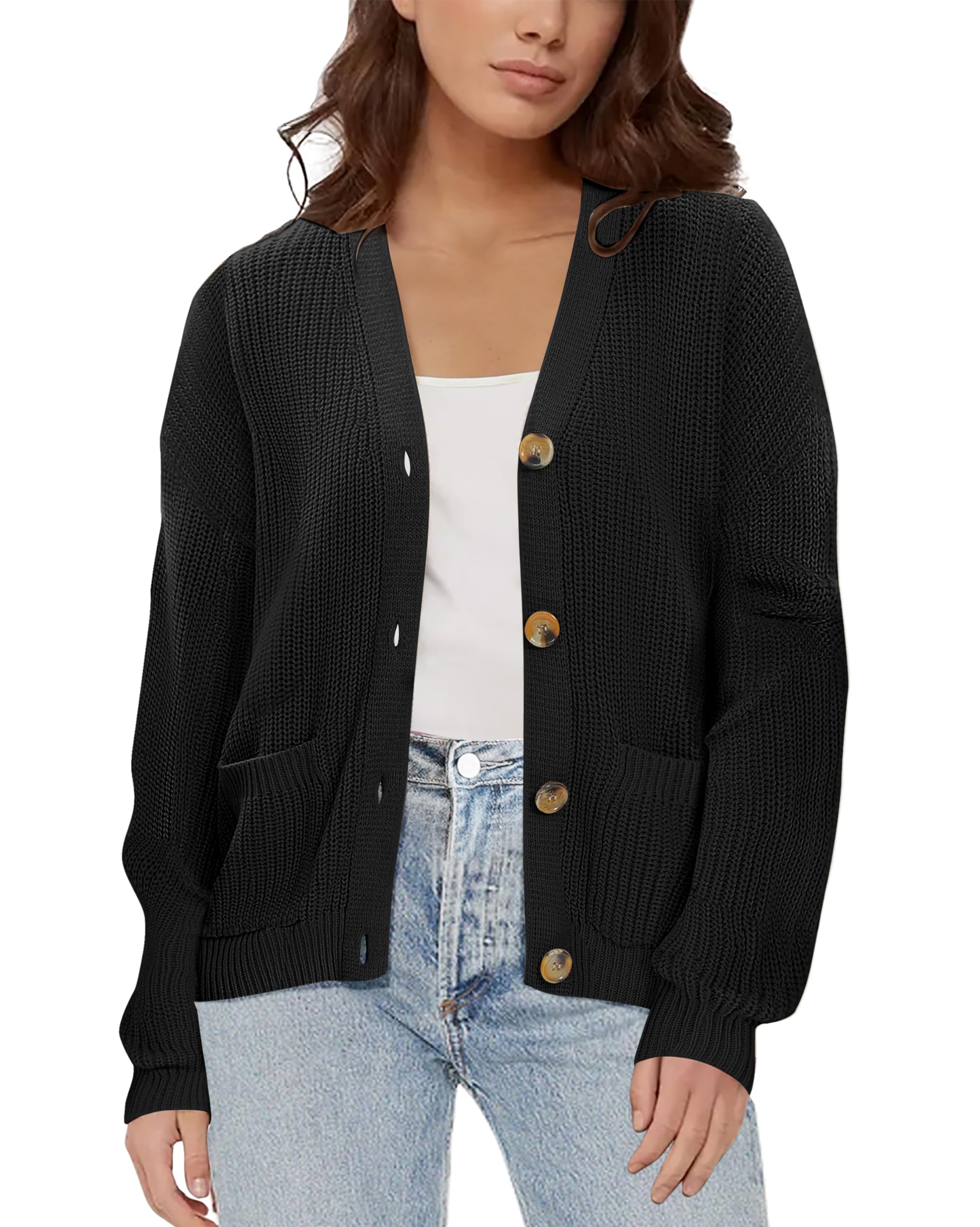 Urban CoCo Womens Lightweight Knit Open Front V-Neck Long Sleeve Button Down Casual Cardigan with Pockets
