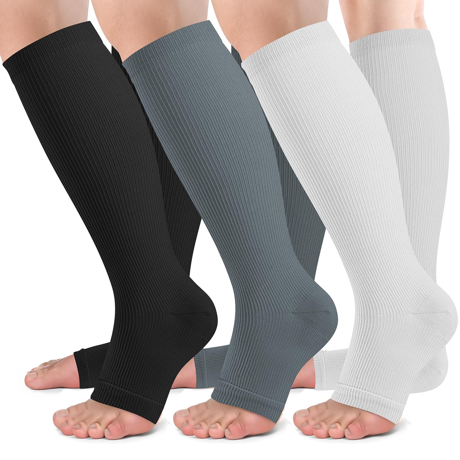 bropite Open Toe Compression Socks for Women，3 Pairs Toless Knee-High Socks | Graduated 15-20 mmHg compression circulation,reduces swelling.3 pairs open toe design for travel,nurses,pregnancy comfort
