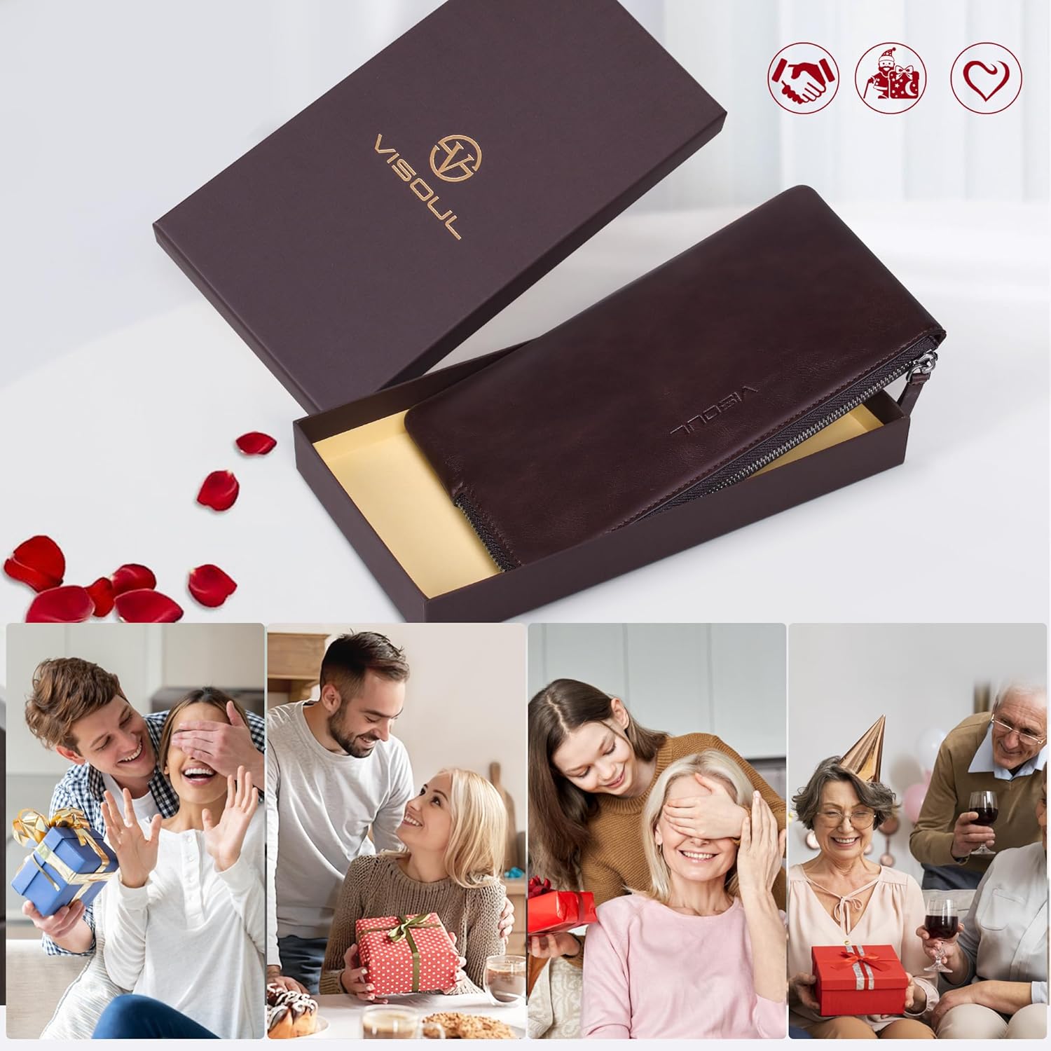 VISOUL Long Zipper Cash Wallet with Removable Credit Card Holder Genuine Soft Leather-Coffee - Image 7