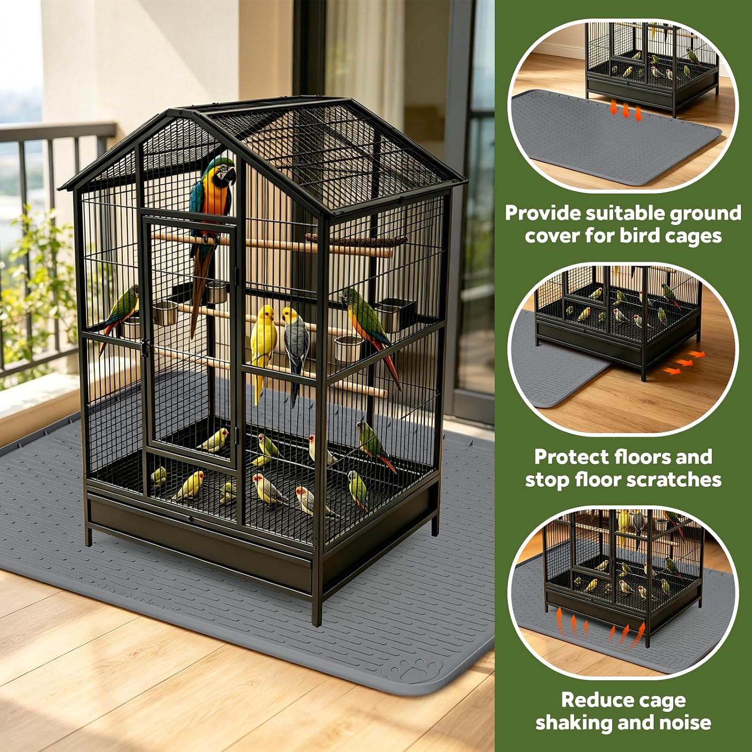 Silicone Bird Cage Mat 57" x 40" Under Crate Floor Protector, Dark Grey | Extra Large Waterproof Bird Cage Liner with Raised Edges, Non-Slip Under Crate Mat for Dog Cages, Kennels, Reptile Aquariums