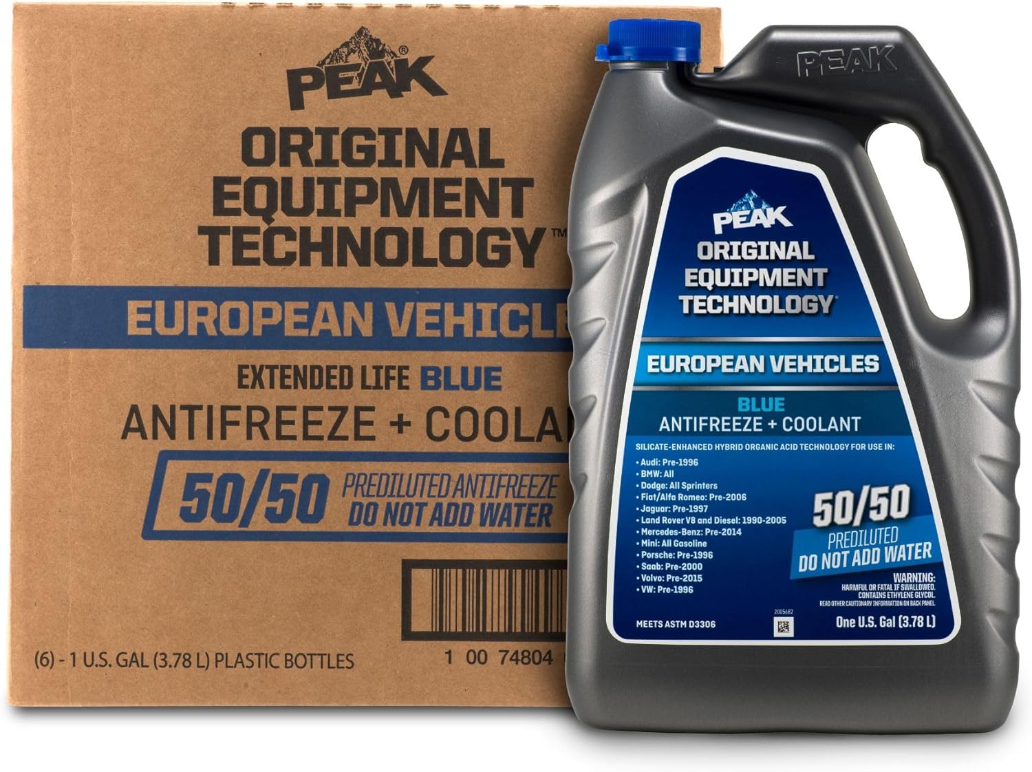 PEAK OET Extended Life Blue 50/50 Prediluted Antifreeze/Coolant for European Vehicles, 6 Pack