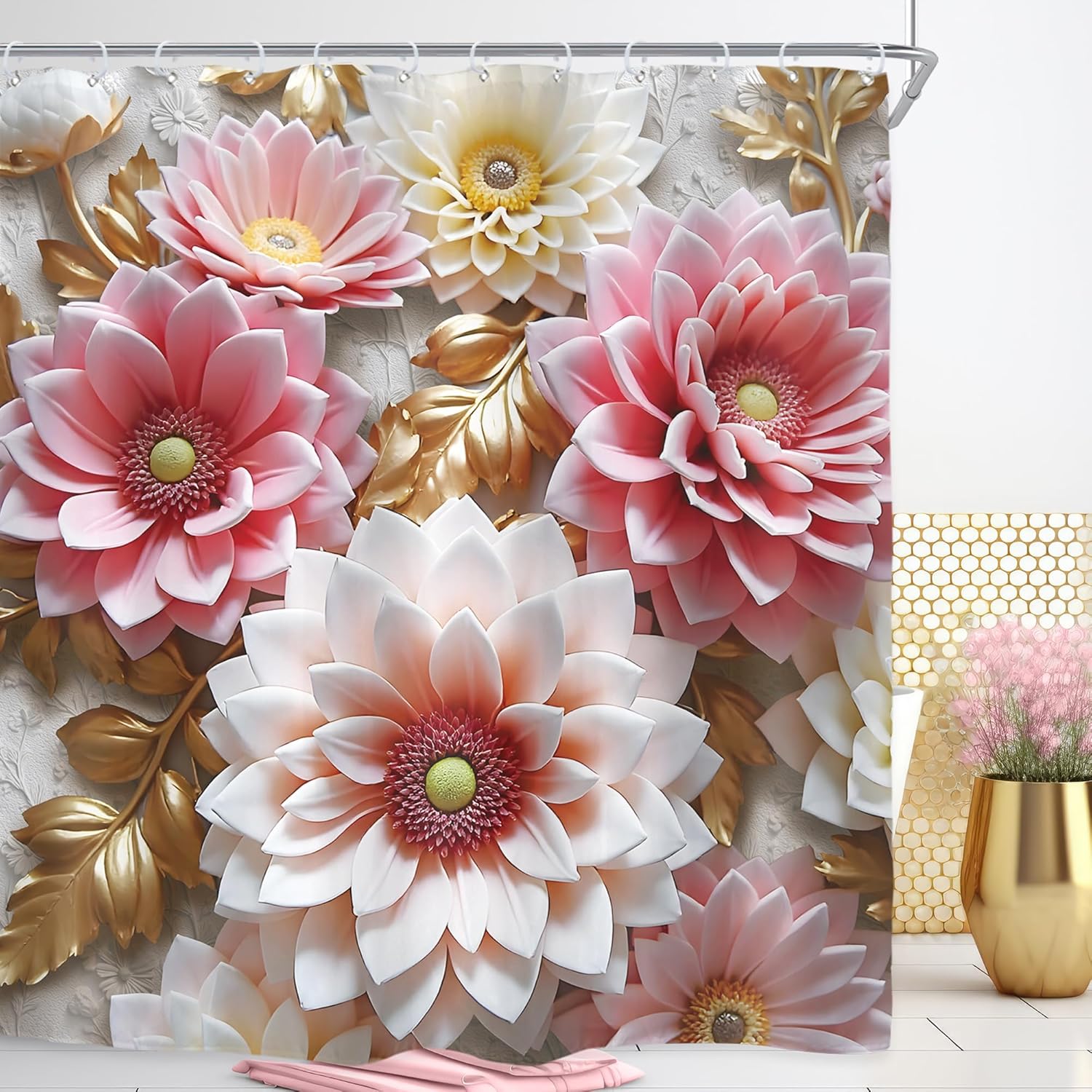 Riyidecor Pink Floral Shower Curtain for Bathroom Decor 72Wx78H Retro Romantic Vintage Flower Gold Leaves Relief Sculpture Plant Botanical Art Printed Fabric Polyester Waterproof 12 Pack Plastic Hooks
