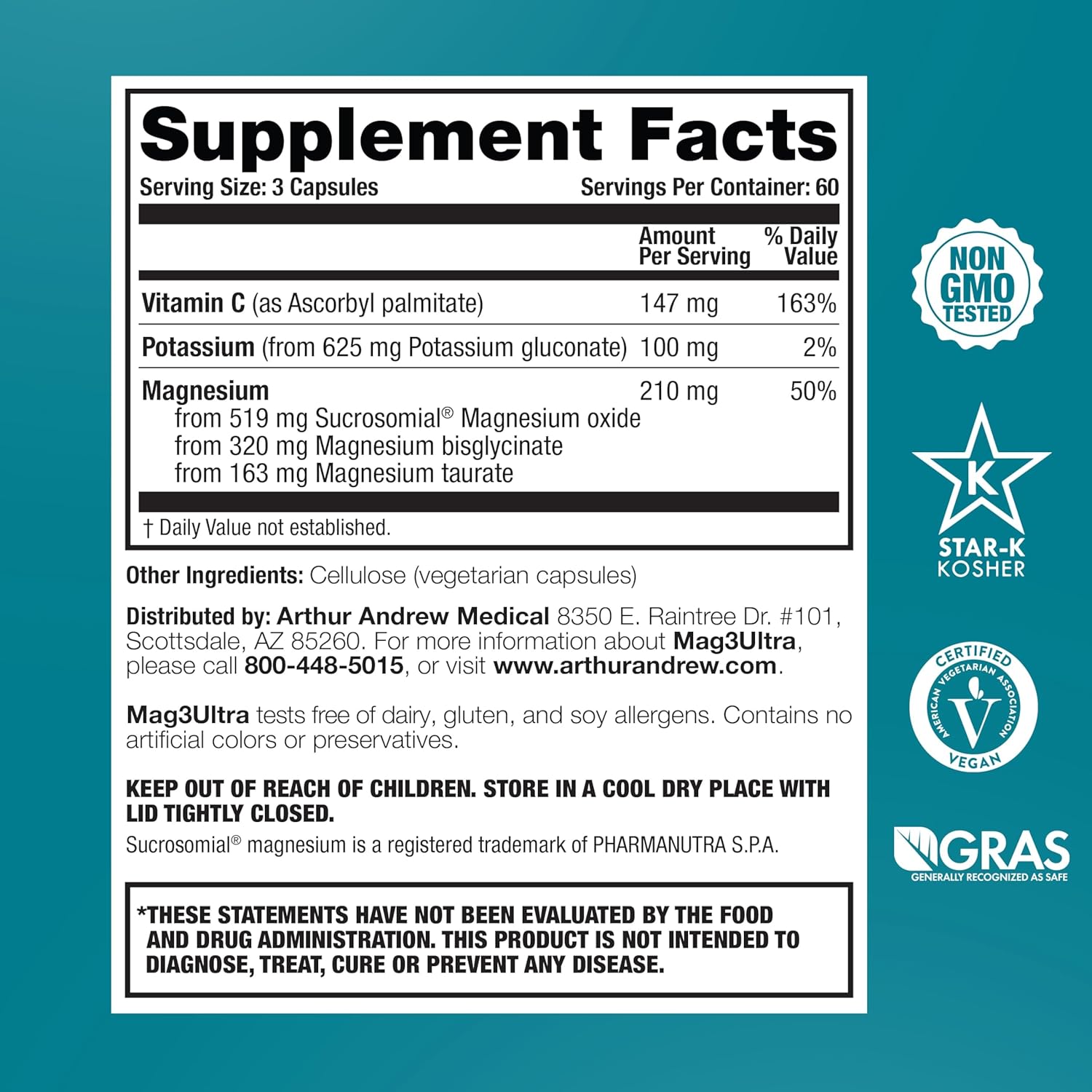 Arthur Andrew Medical, Mag3Ultra Triple Magnesium Supplement, Sucrosomial, Bisglycinate, Taurate for Muscle, Stress, Mood, Nerve, Bone & Heart Support, 180 Capsules