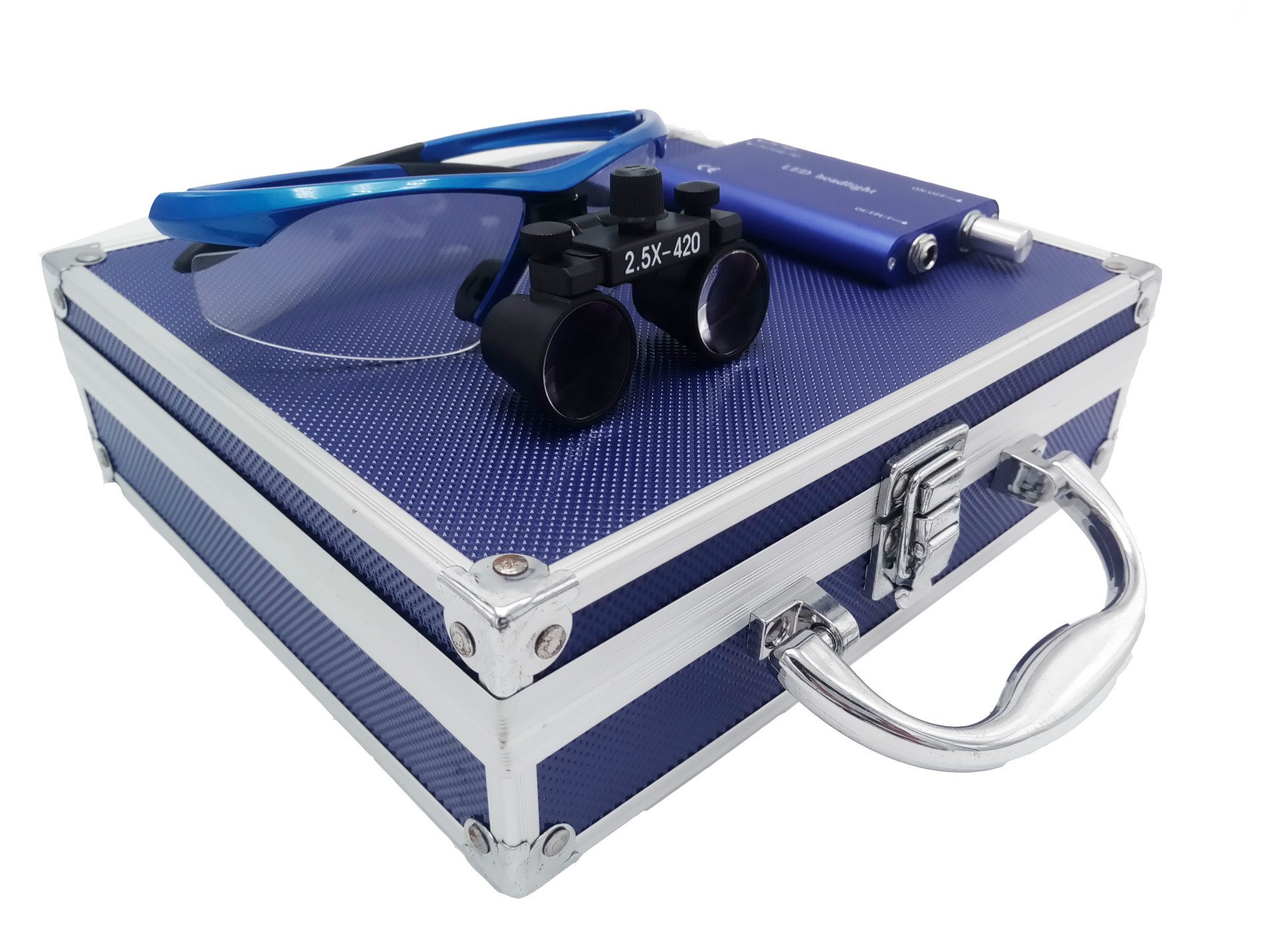 Occhiali binoculari medico-chirurgici portatili con ingrandimento ottico di 2,5 × 420 mm e lampadina frontale a LED 3W; scatola di alluminio inclusa., Blue, 1