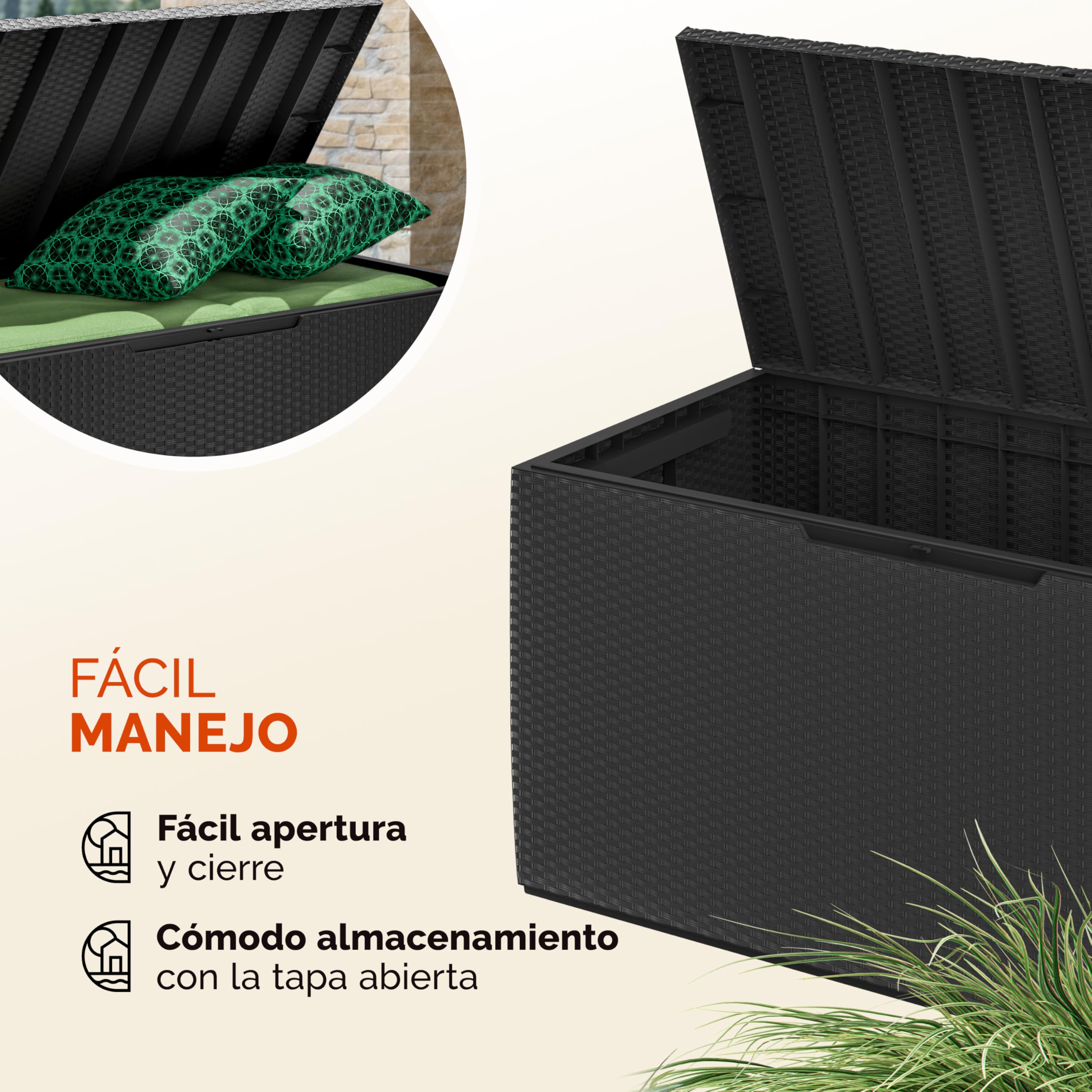 Deuba® Baúl de Almacenaje Capri Antracita 305L 240kg Cofre de Cojines Arcón de Jardín con Ruedas Sistema Smart Click