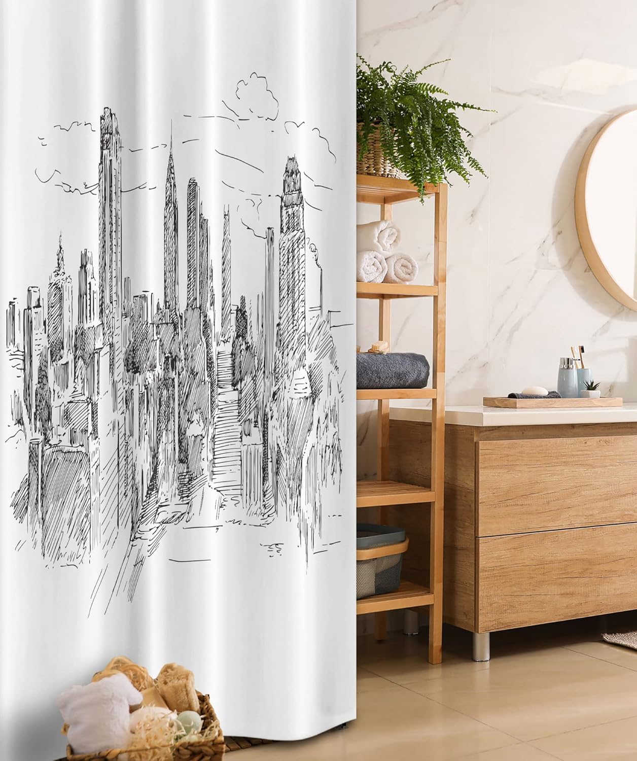 Ambesonne New York Stall Shower Curtain, Hand Drawn NYC Cityscape Tourism Industrial Center Town Modern City Design, Fabric Bathroom Decor Set with Hooks, 36" W x 72" L, White Grey