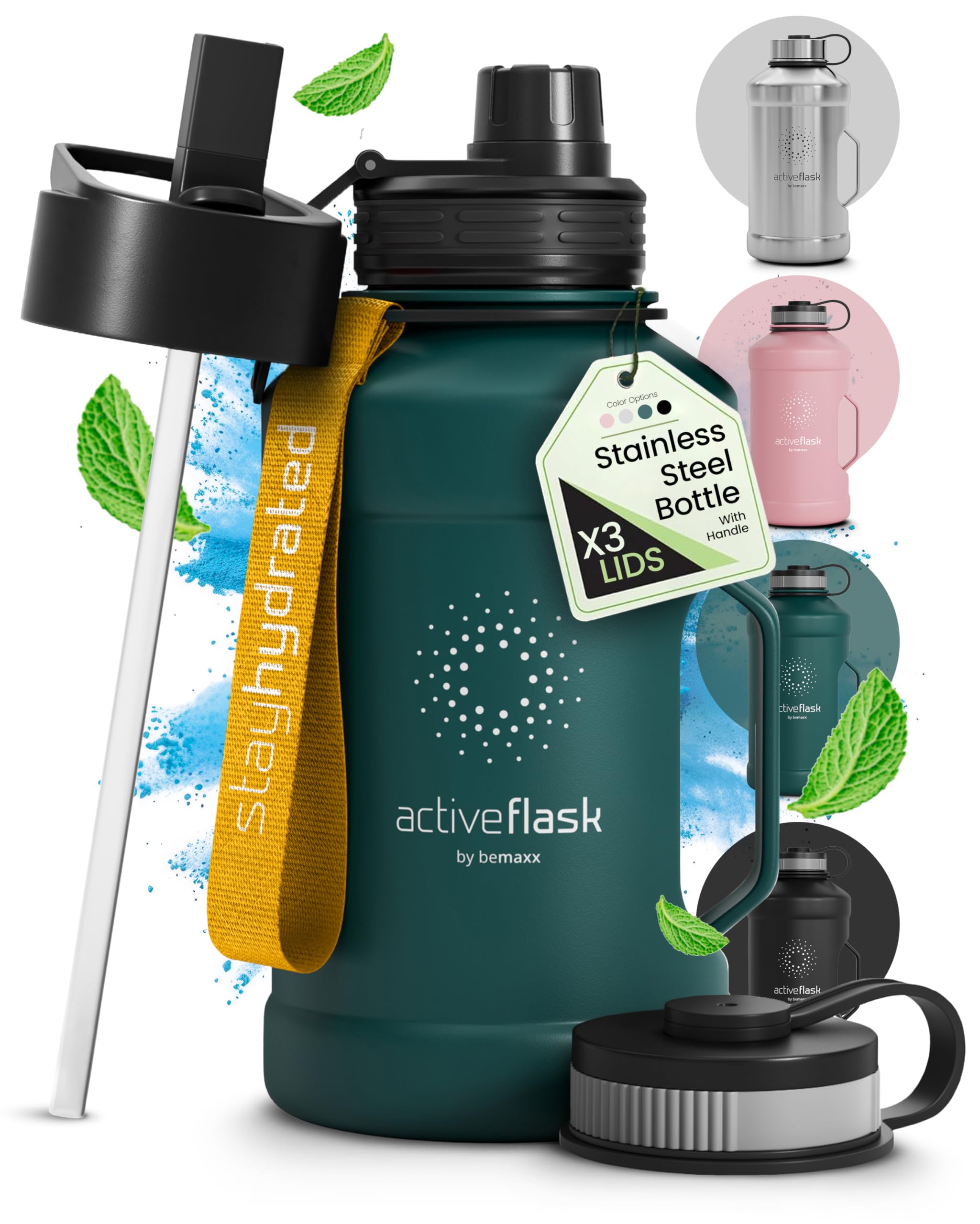 Borraccia in acciaio inox Active Flask + cannuccia (3 tappi) | 1,3/2,2 litri bottiglia sportiva senza BPA a prova di perdite per bibite gassate, 2l XL bottiglie Sport Outdoor Palestra Acqua