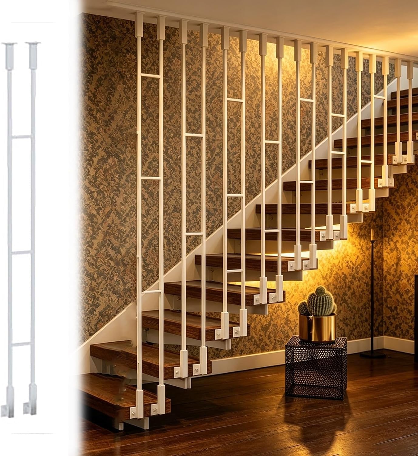 AVLLSO Stair Spindle White Metal Banister Spindles Post for Interior Stairs Steps Side Mounted, Stylish Balustrade Guardrail(H-145cm(4.8ft))