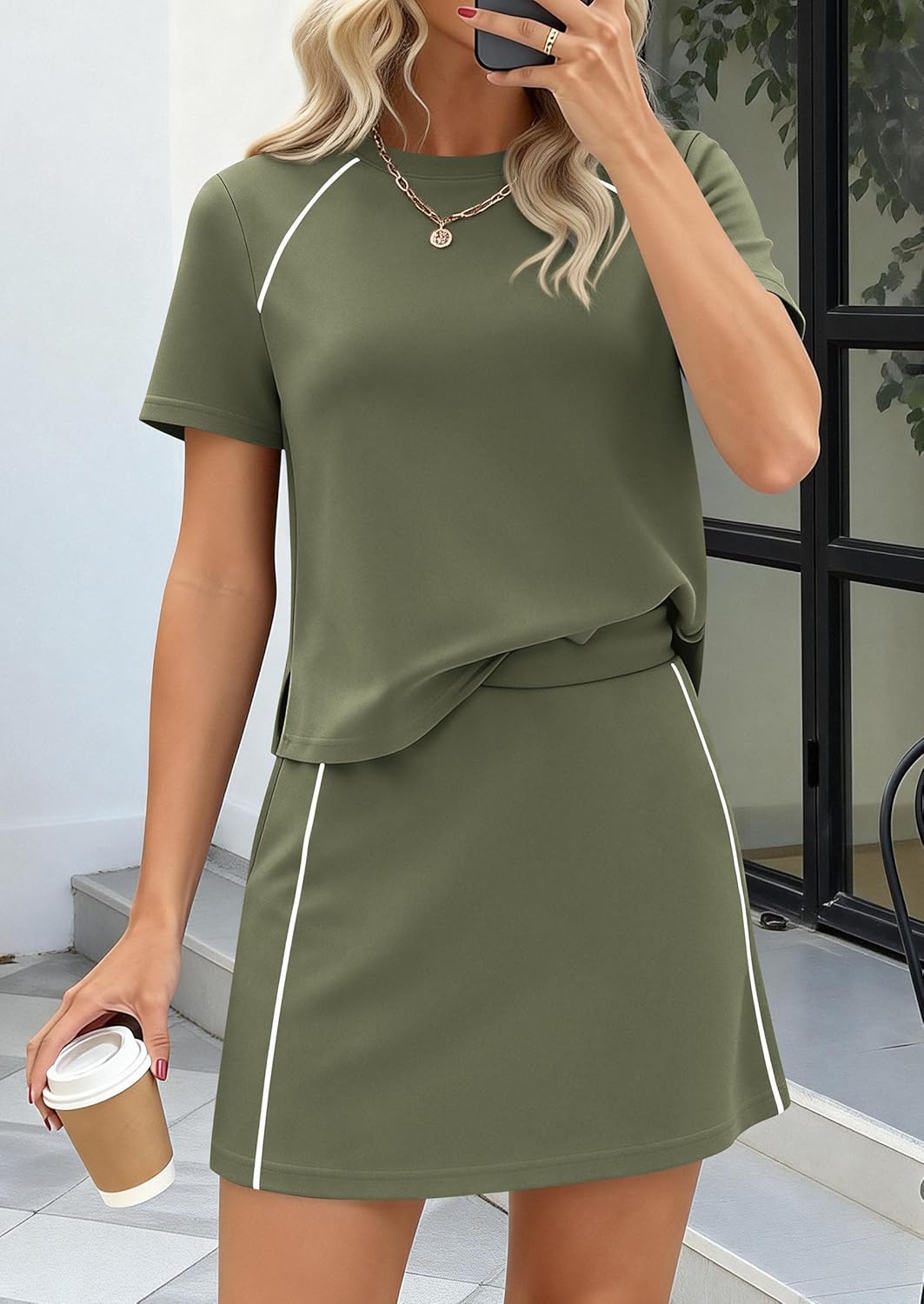 PRETTYGARDEN Women's 2026 Summer 2 Piece Skirt Sets Short Sleeve Shirts Tops Skorts Matching Workout Clothes Travel Outfits - Image 4