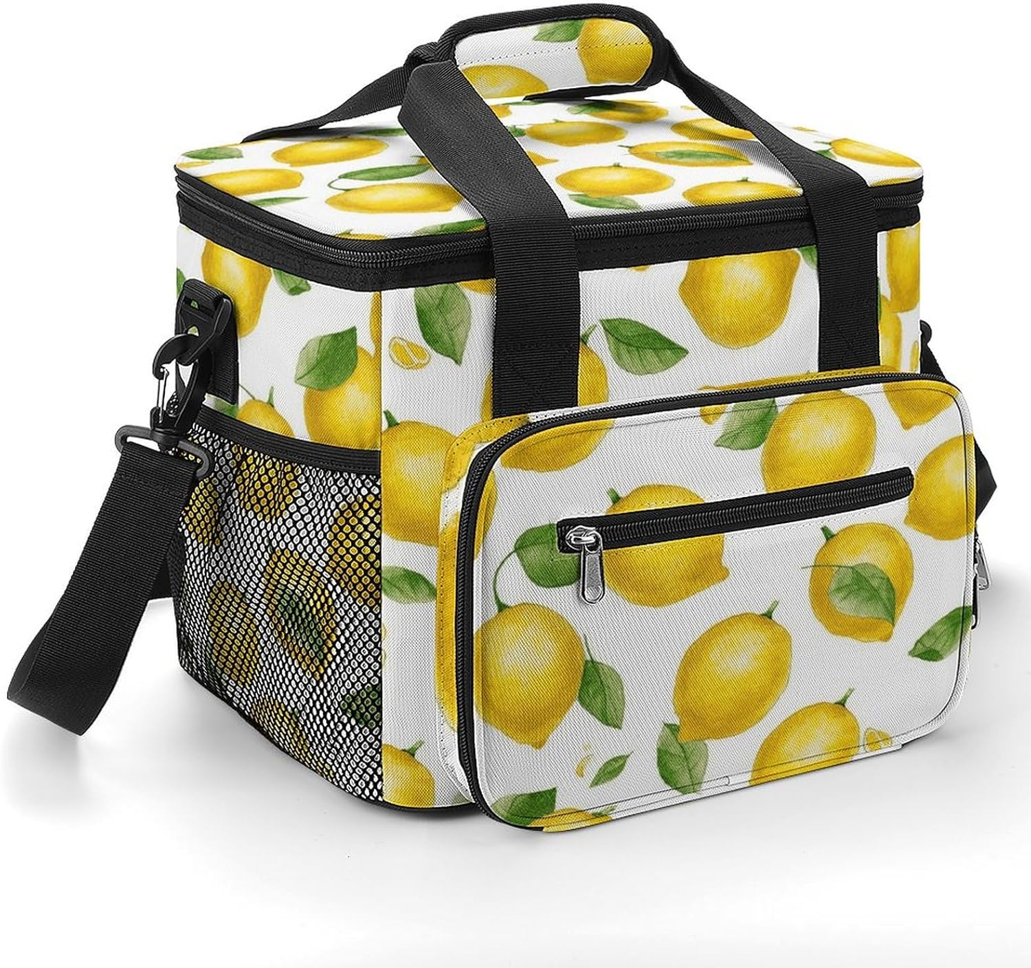 Camping Ice Pack, Yellow Lemon Print Cooler Bag, 22.5L Large Capacity Insulated Lunch Tote Bag for Outdoor, Picnic, BBQ, Travel, Work