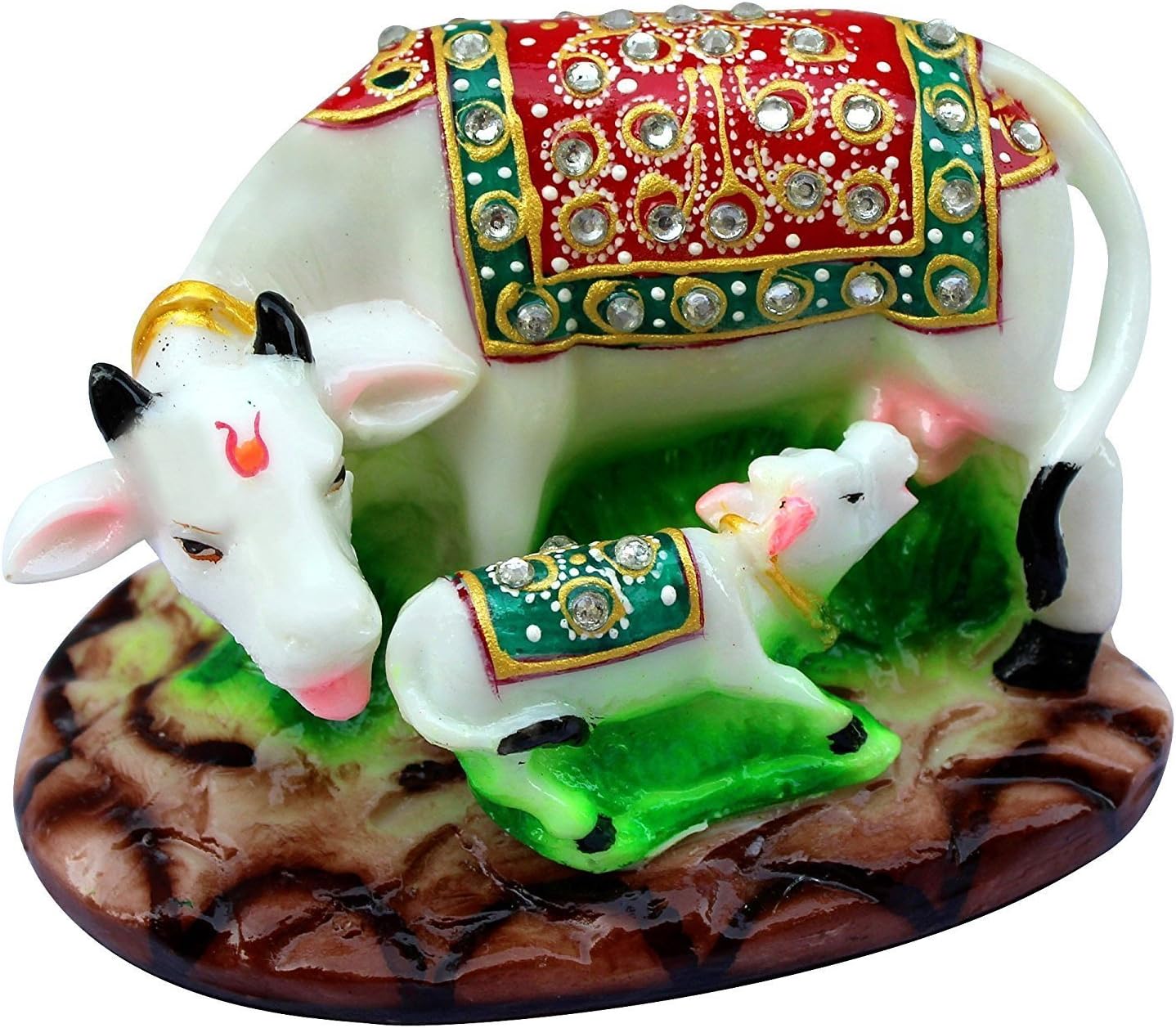 Fashion Bizz Handcrafted Stones Studded Marble Made Kamdhenu Cow with Calf