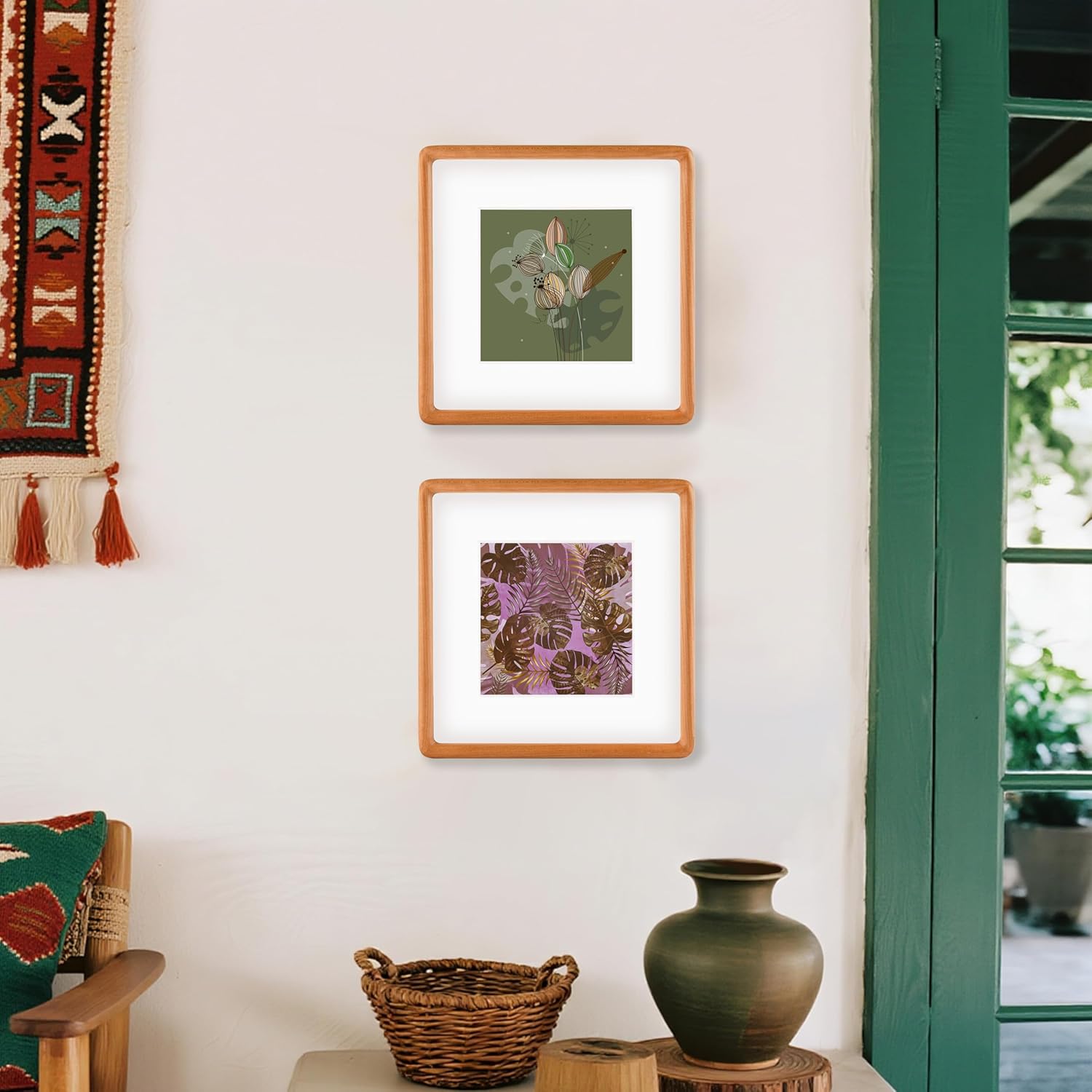 Recuerdos 8x8 Picture Frame, Natural Cherry Wood Square Photo Frame with 5x5 Mat for Wall and Desktop Display, Home Decor Art Frame