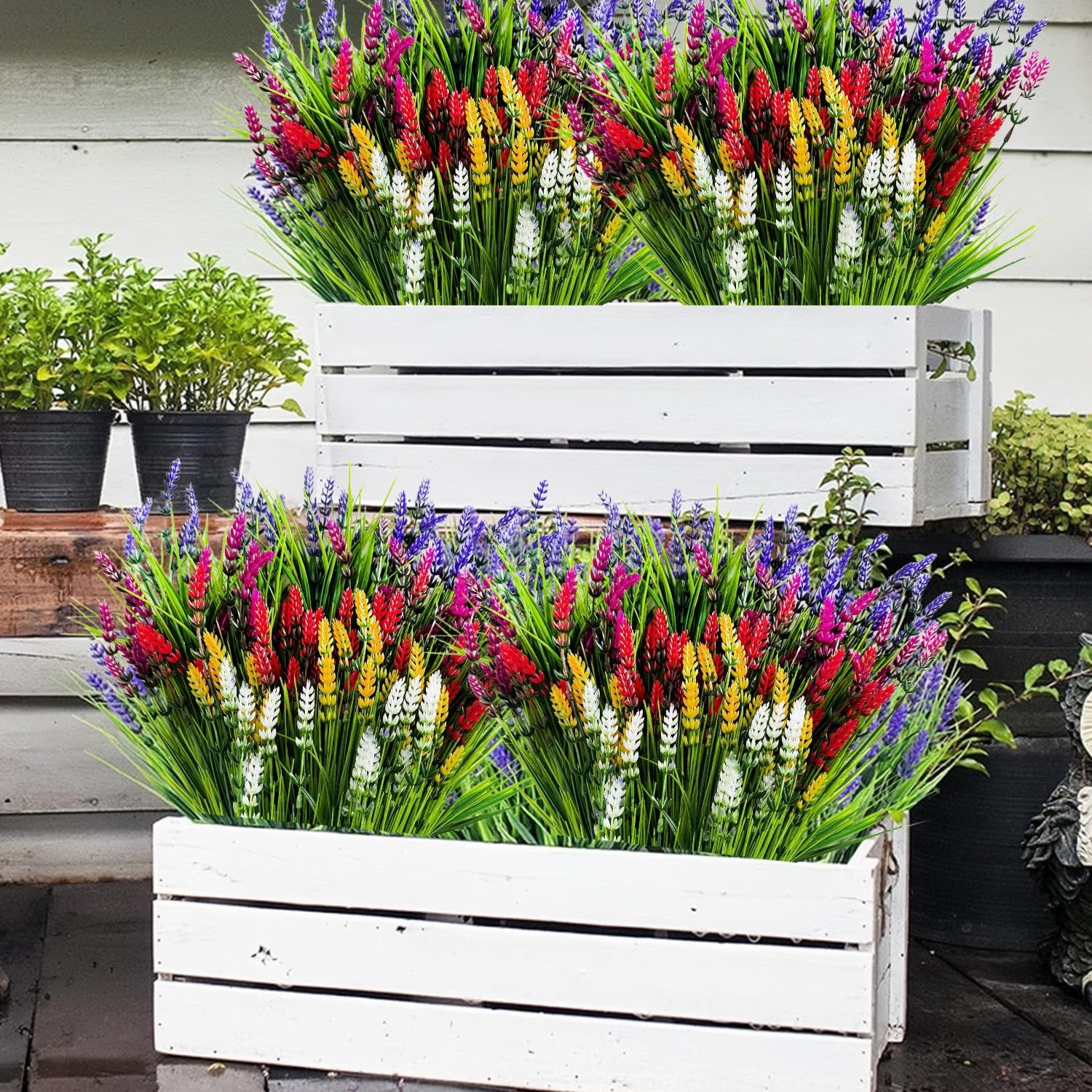 24 Bundles Artificial Lavender Flowers for Outdoors - Faux Silk Plastic Plants for Spring Summer Garden Porch Decor, Window Box Vase Fillers, Indoor Outdoor Home & Cemetery Grave Decoration (Mixed)
