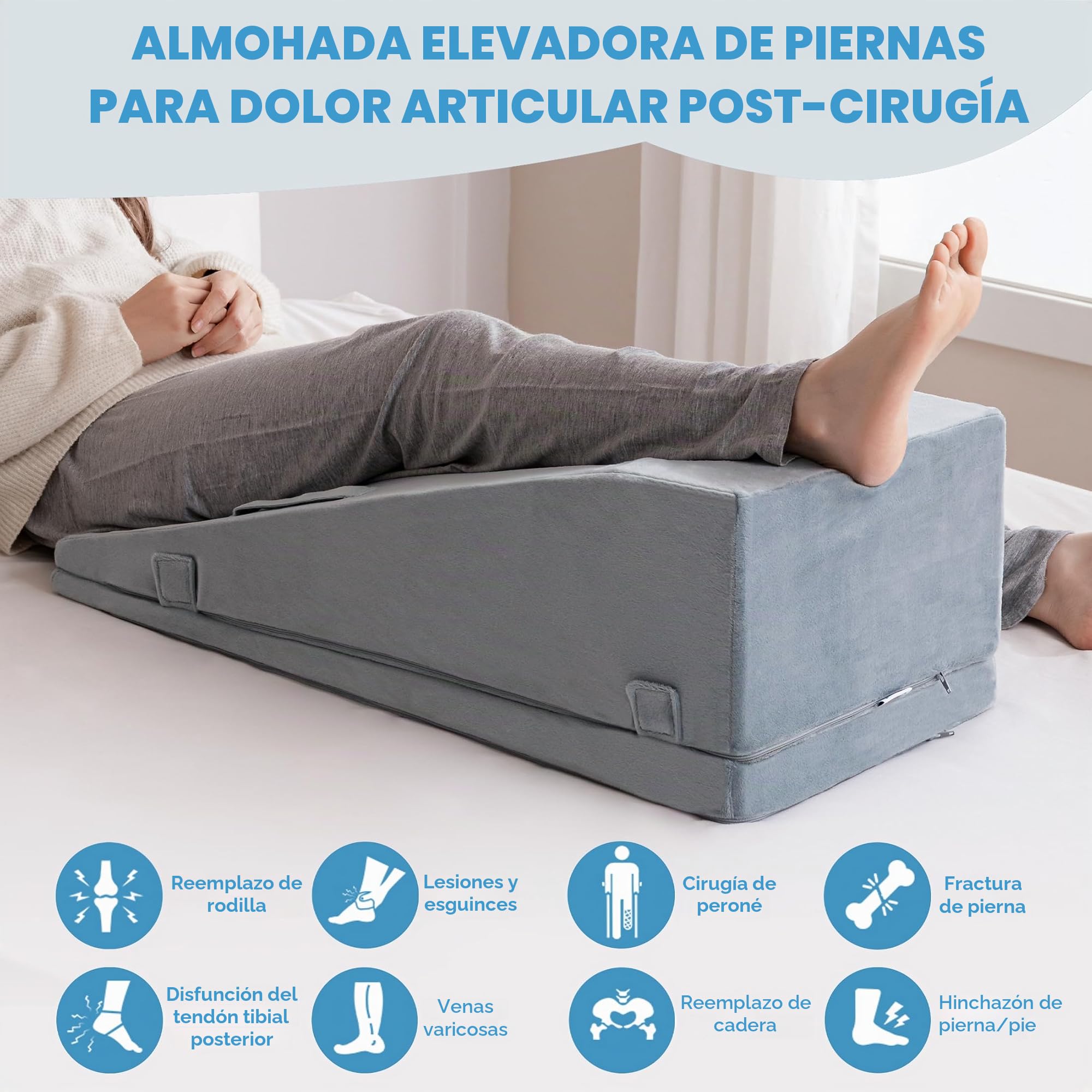 Almohada de Elevación de Piernas, Cojín de Cuña de Espuma Premium Ajustable, Alivia el Dolor Articular Postoperatorio, Curva Ergonómica para Mejorar la Circulación Sanguínea