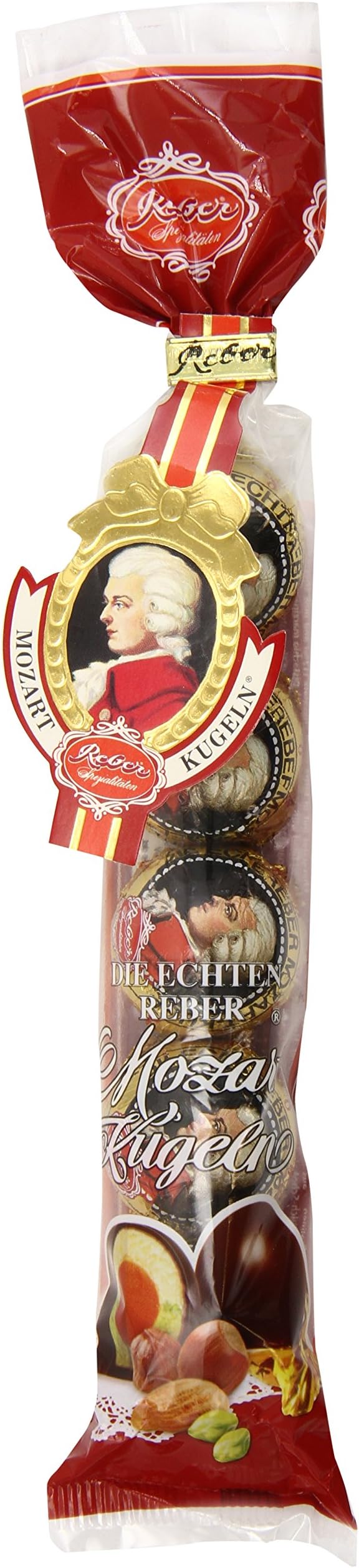 Reber Mozart Kugel Treat - Pistachio Marzipan & Hazelnut Praline Filled - Premium European Gourmet Chocolate Candy - Kosher German Chocolate Gift Pack | 5 Piece 3.5 Ounce