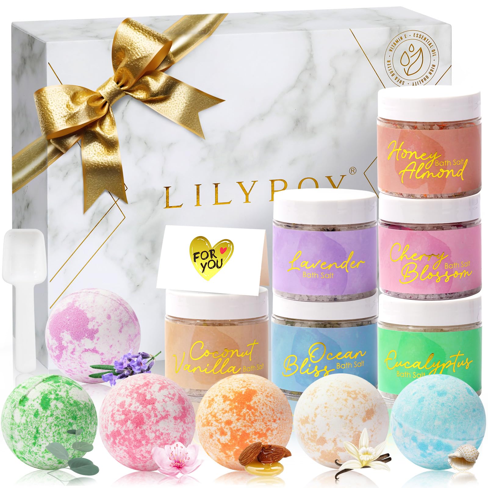 Luxury Mothers Day Gifts for Women15-Piece Floral 6 x 150g Bath Salt & 6 x 100g Bath Bomb Gift Set for Christmas Gifts, Bath & Body Gift Set for Women