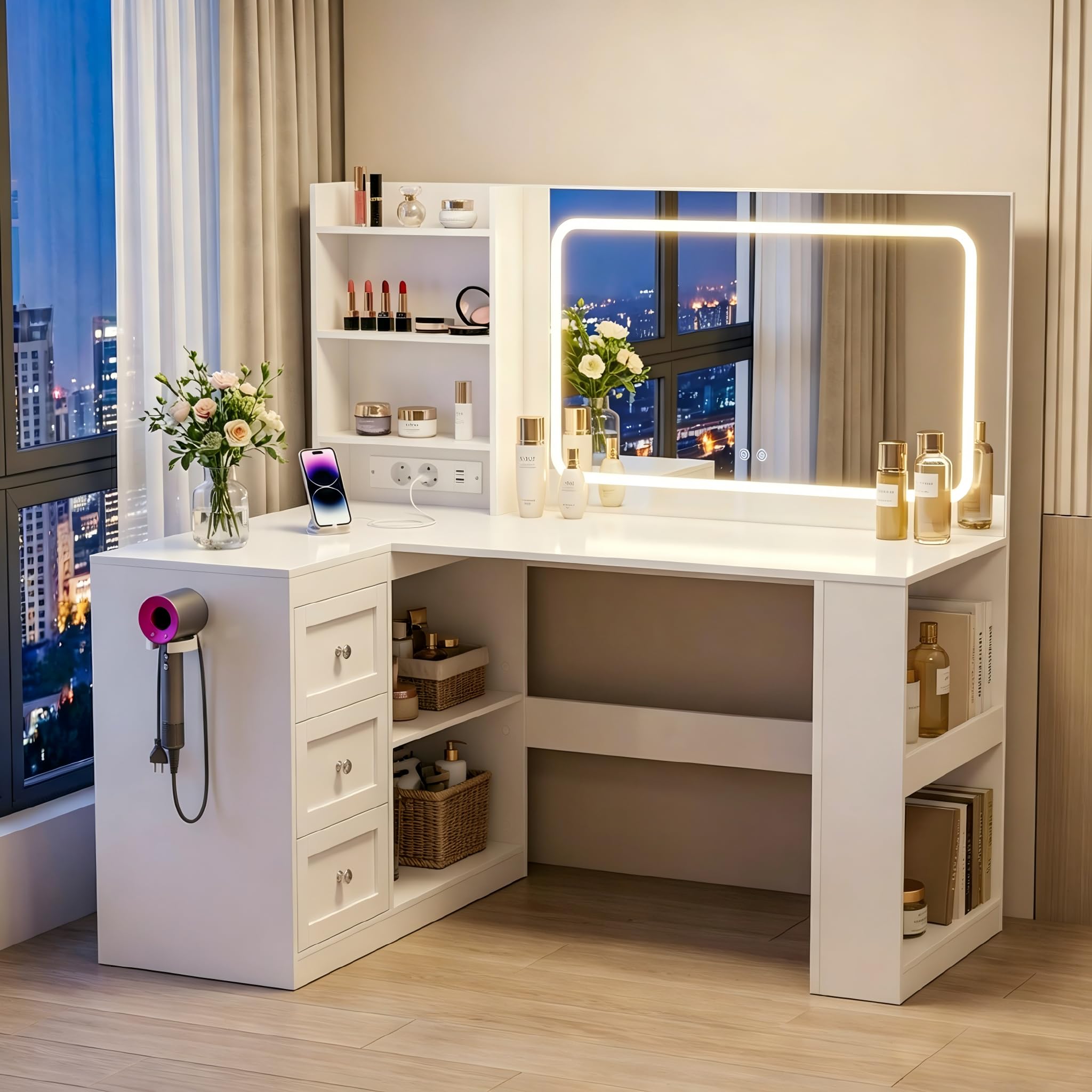 YOUDENOVA Toeletta Trucco con Luci e Prese a Led Regolabili, Toletta con Grande Specchio, Tavolo da Trucco con 3 Cassetti, 7 Ripiani per la Camera da Letto, Bianco